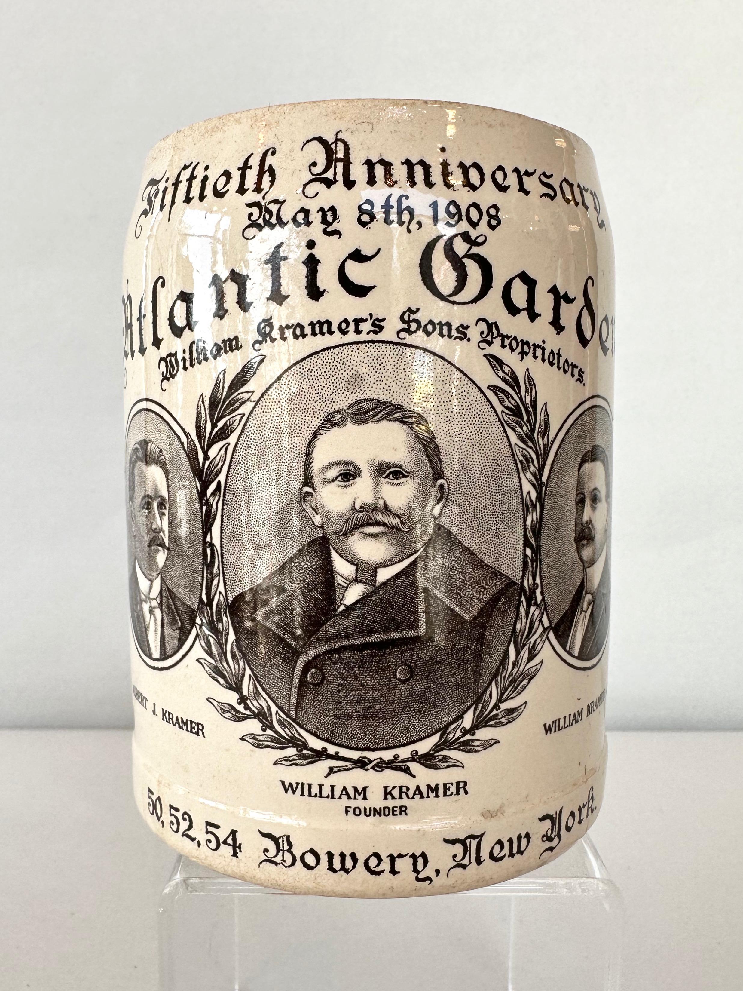 A 1909 Villeroy & Boch illustrated stoneware beer stein commemorating the 1908 50th anniversary of the Atlantic Garden beer hall on The Bowery in New York City.

Stippled illustrations of founder William Kramer alongside sons Albert J. Kramer and