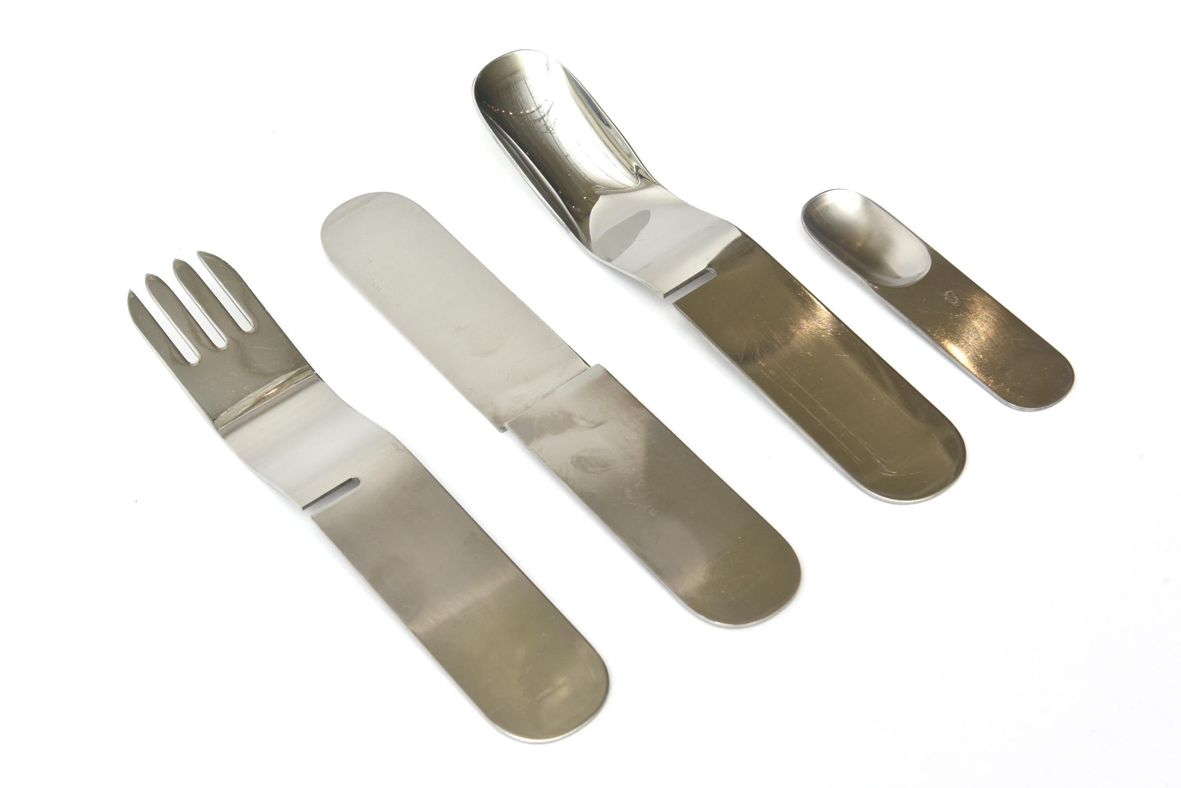 This modernist and avant garden Villeroy & Boch service for one stainless steel flatware set was made in West Germany in 1971 It is hallmarked on the back of each piece. It was part of a collection that was designed by the duality of Helen Von Both