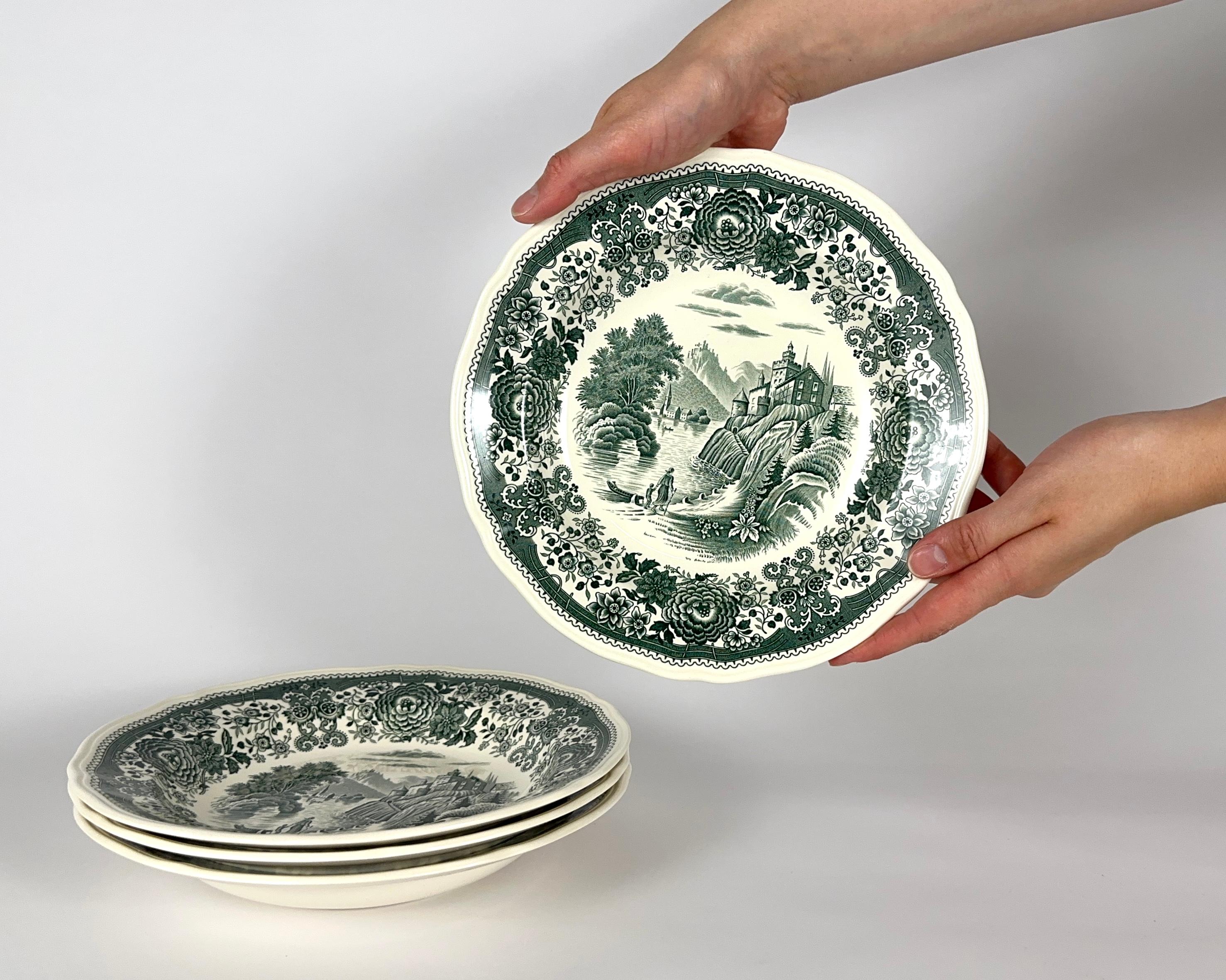 Villeroy & Boch, Alemania, platos hondos para sopa/pasta con dibujo Burgenland verde.

Cerámica Mettlach de Alemania.

Se trata de un patrón descatalogado, ya que se retiró en 2002.

La serie Verde Burgenland de Villeroy & Boch, producida desde los