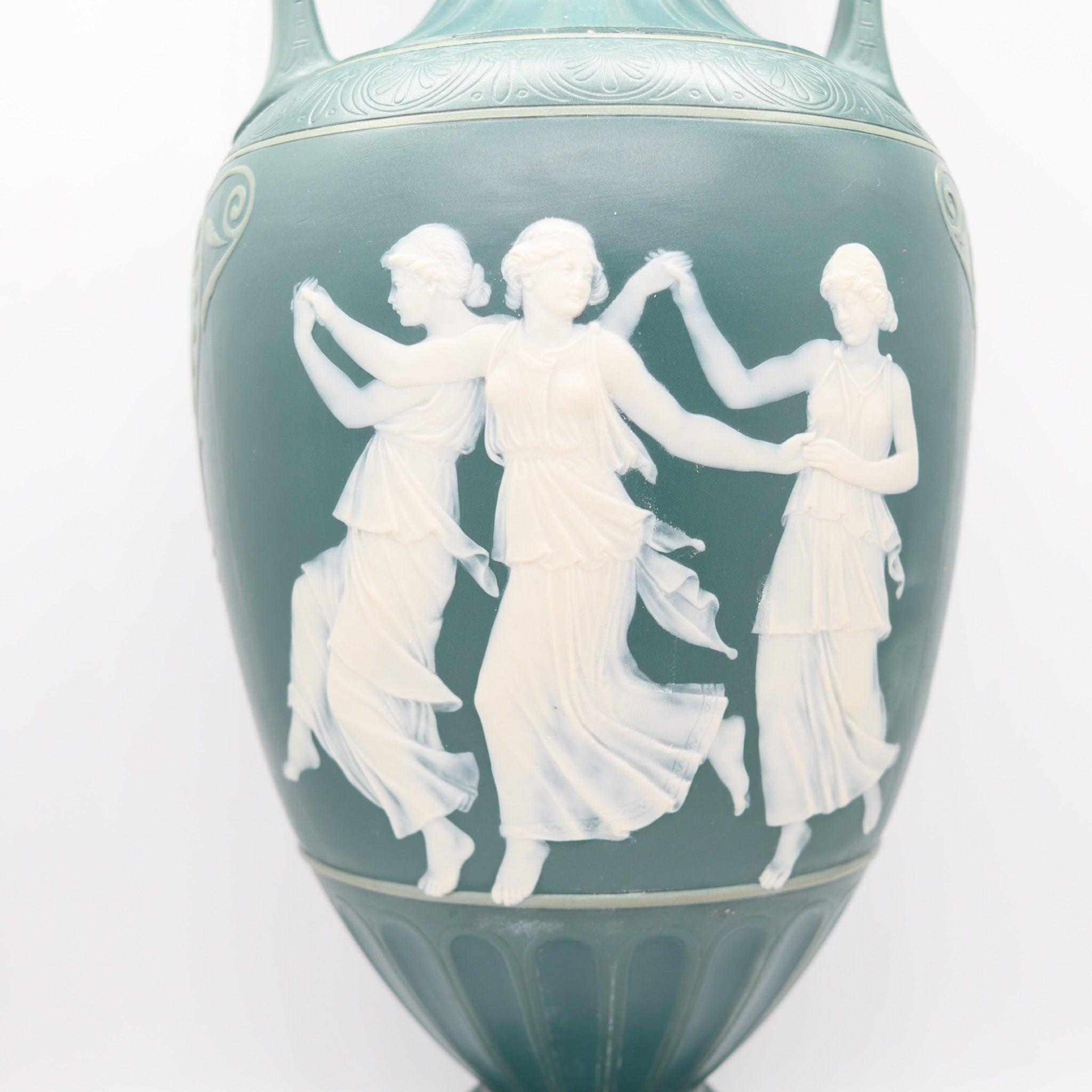 German VILLEROY & BOCH METTLACH 1890 Phanolith Neo Classic Green Cameo Amphora For Sale