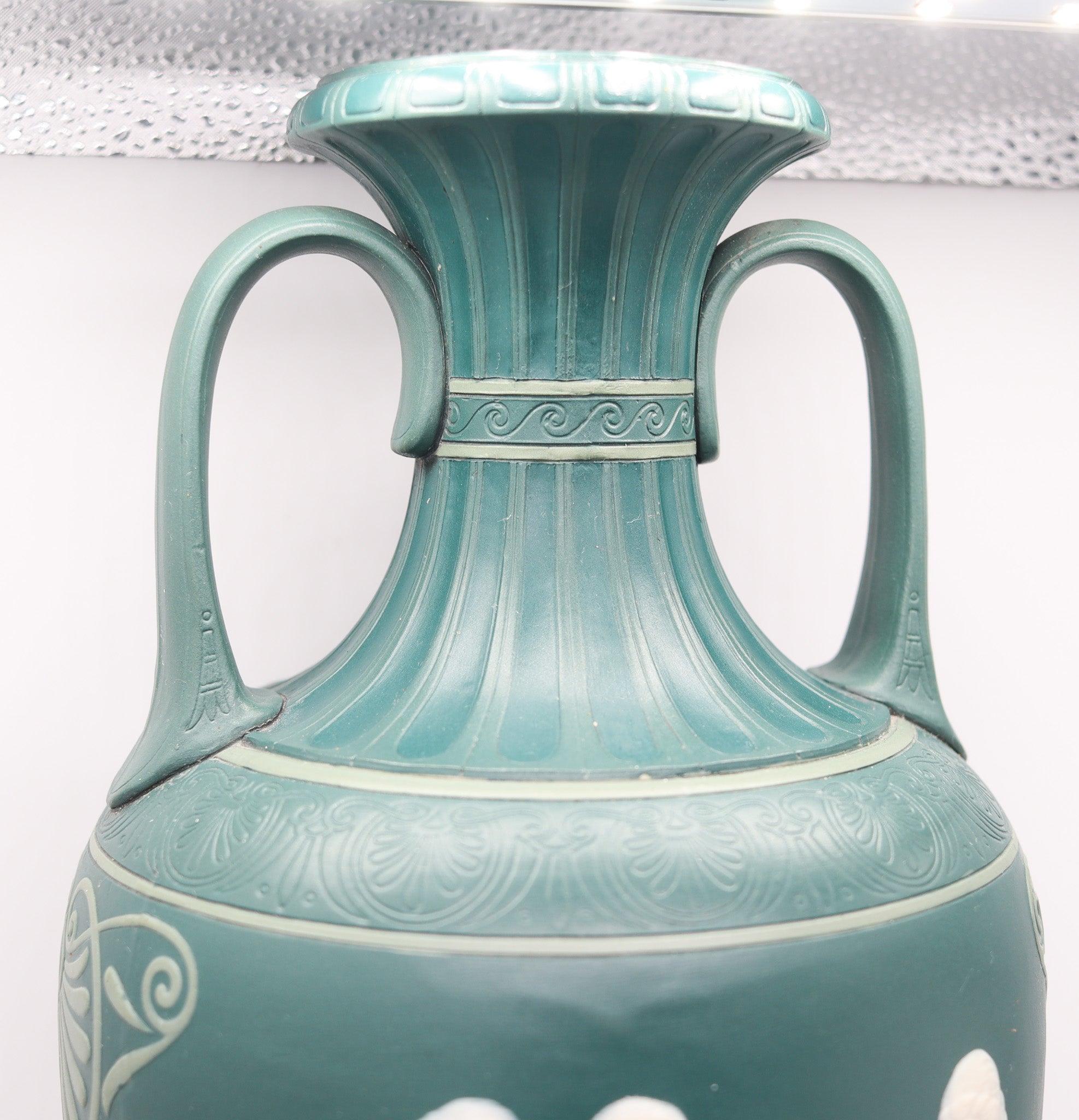 Hand-Crafted VILLEROY & BOCH METTLACH 1890 Phanolith Neo Classic Green Cameo Amphora For Sale
