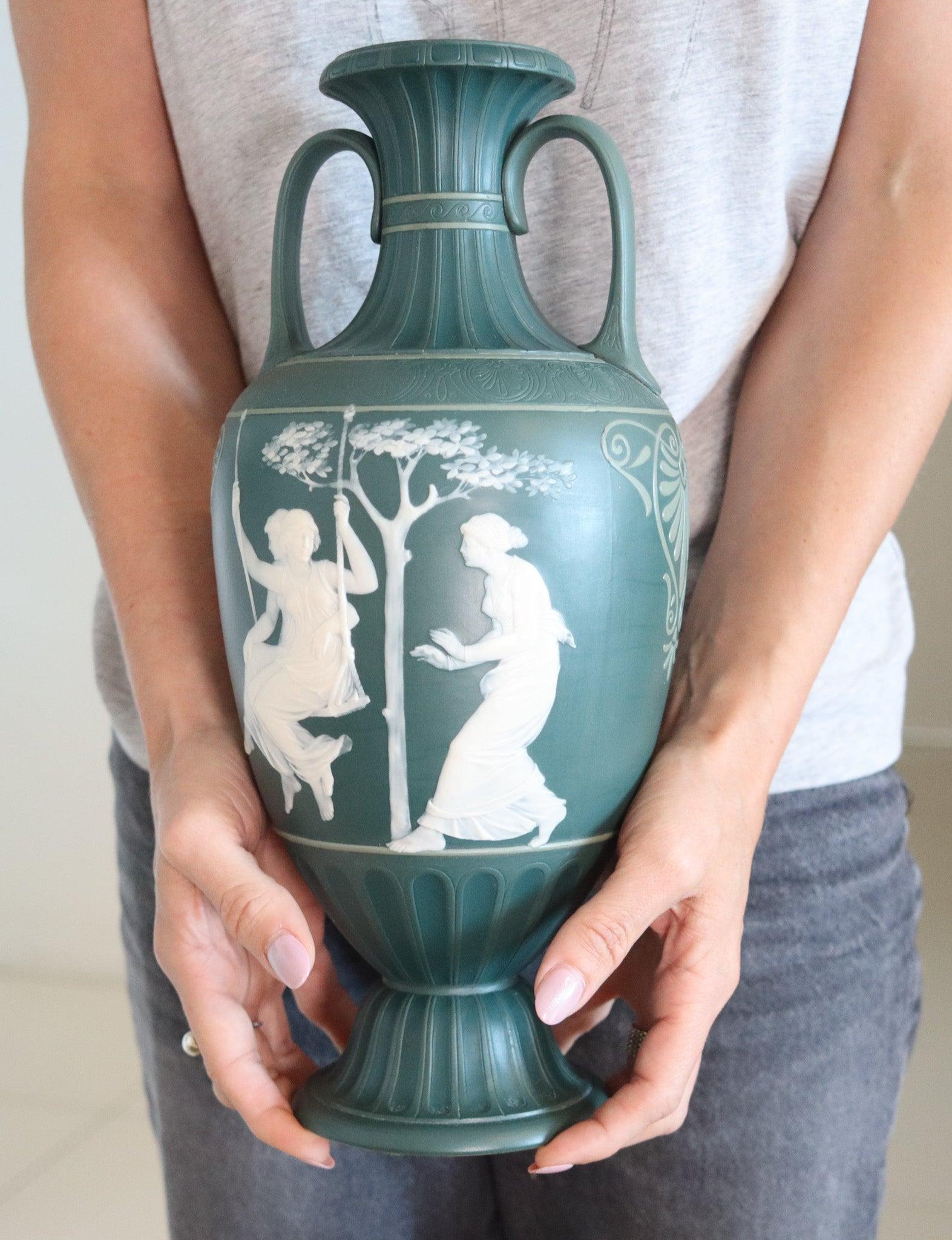 Late 19th Century VILLEROY & BOCH METTLACH 1890 Phanolith Neo Classic Green Cameo Amphora For Sale