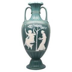 Antique VILLEROY & BOCH METTLACH 1890 Phanolith Neo Classic Green Cameo Amphora