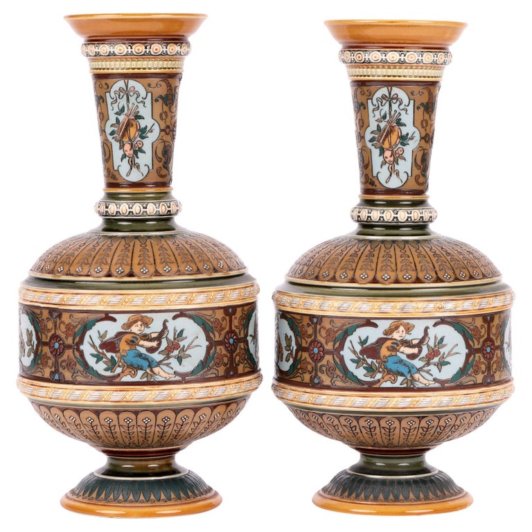 Villeroy and Boch Mettlach Art Nouveau Pair Vases with Boys For Sale at