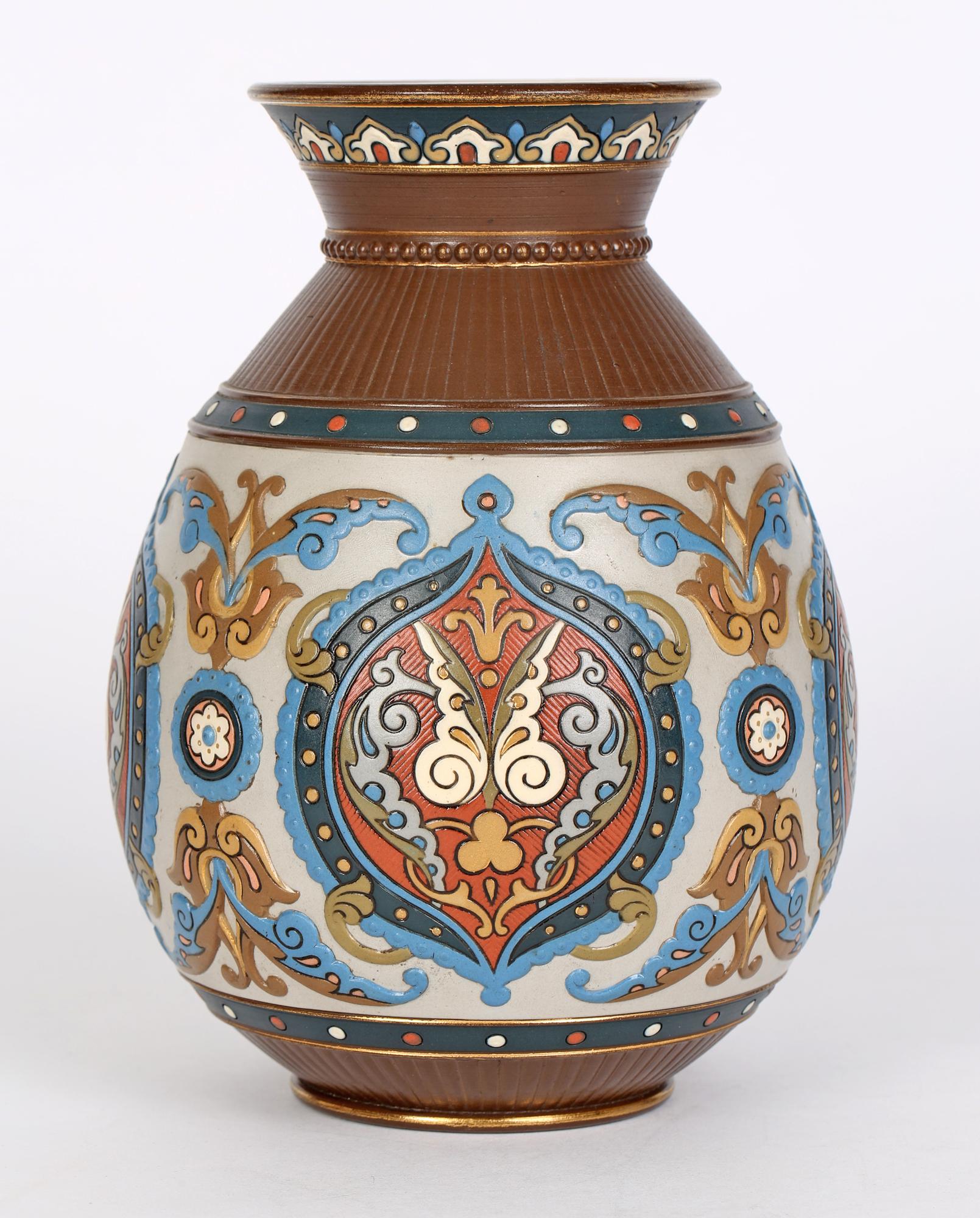 Belgian Villeroy & Boch Mettlach Enameled Islamic Design Art Pottery Vase