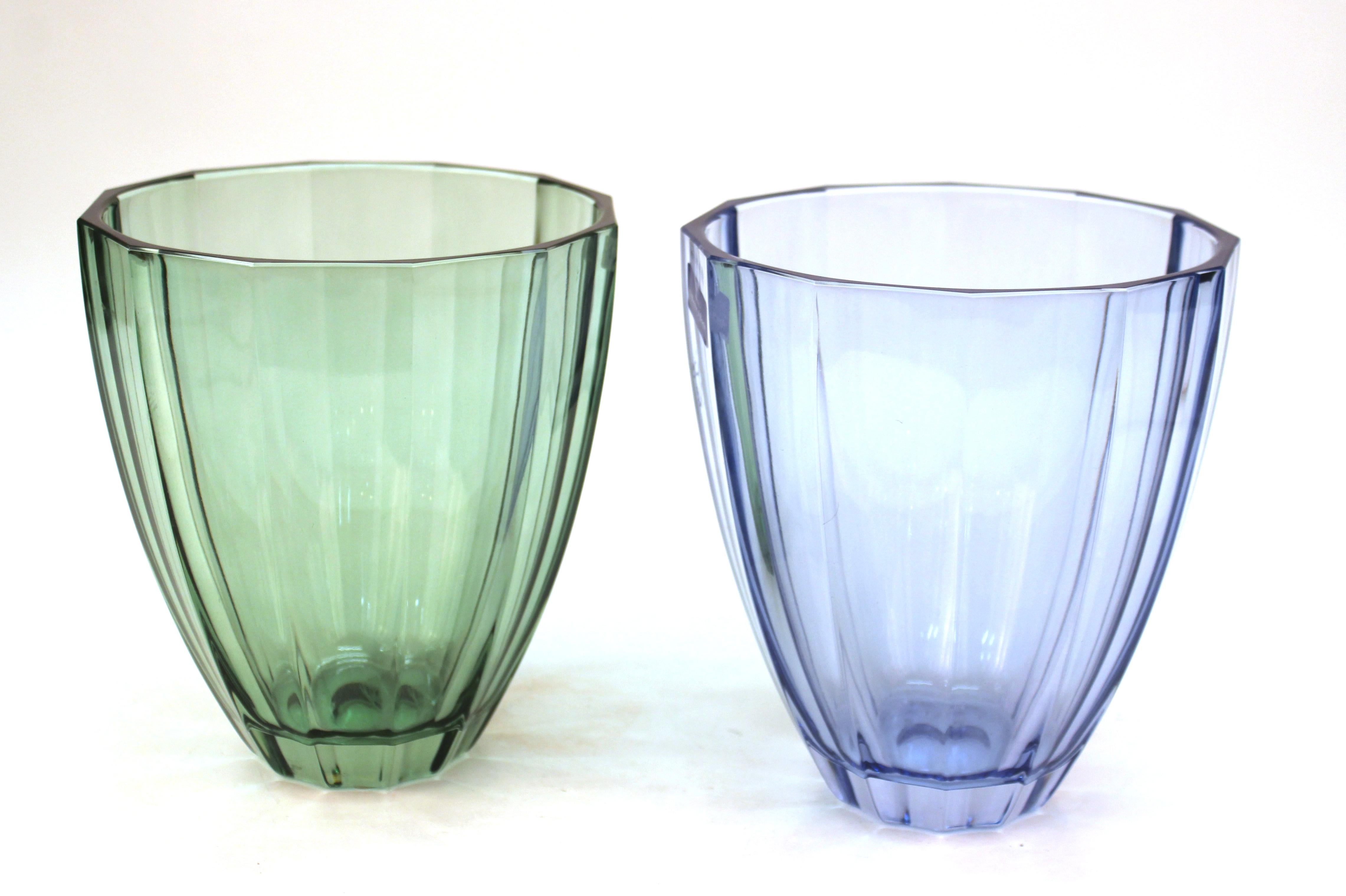 Villeroy & Boch modern style pair of decorative vases made in blue and green glass. The pair is in good condition, with age-appropriate wear to the bottoms.