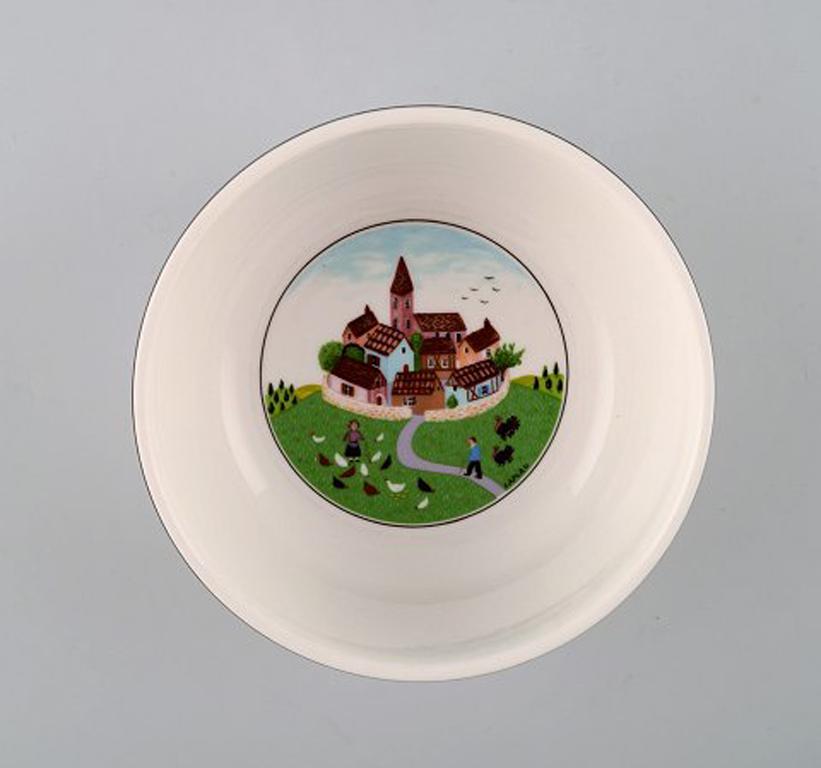 Villeroy & Boch Naif dinner service in porcelain. A set of 6 bowls decorated with naivist village motif.
In very good condition.
Stamped.
Measures: 13.3 x 5.5 cm.
Designed by Gérard Laplau. Motives of families, villages and biblical scenes in