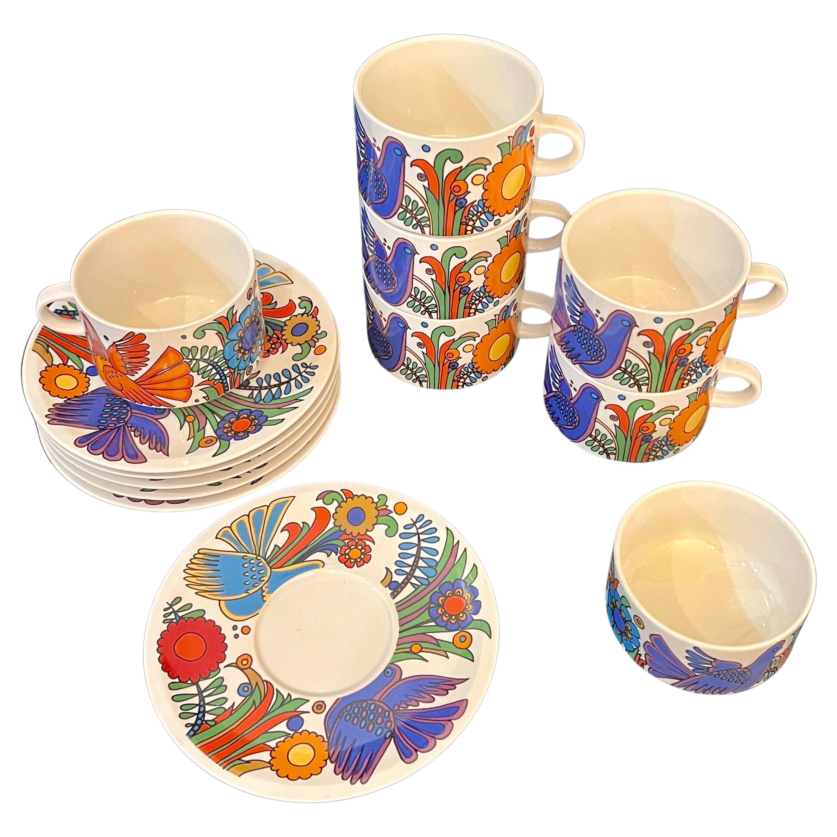 Tasses à café et soucoupes avec sucrier, set de 6 tasses à café et soucoupes avec sucrier.  Villeroy & Boch un design mexicain unique Acapulco en excellent état.