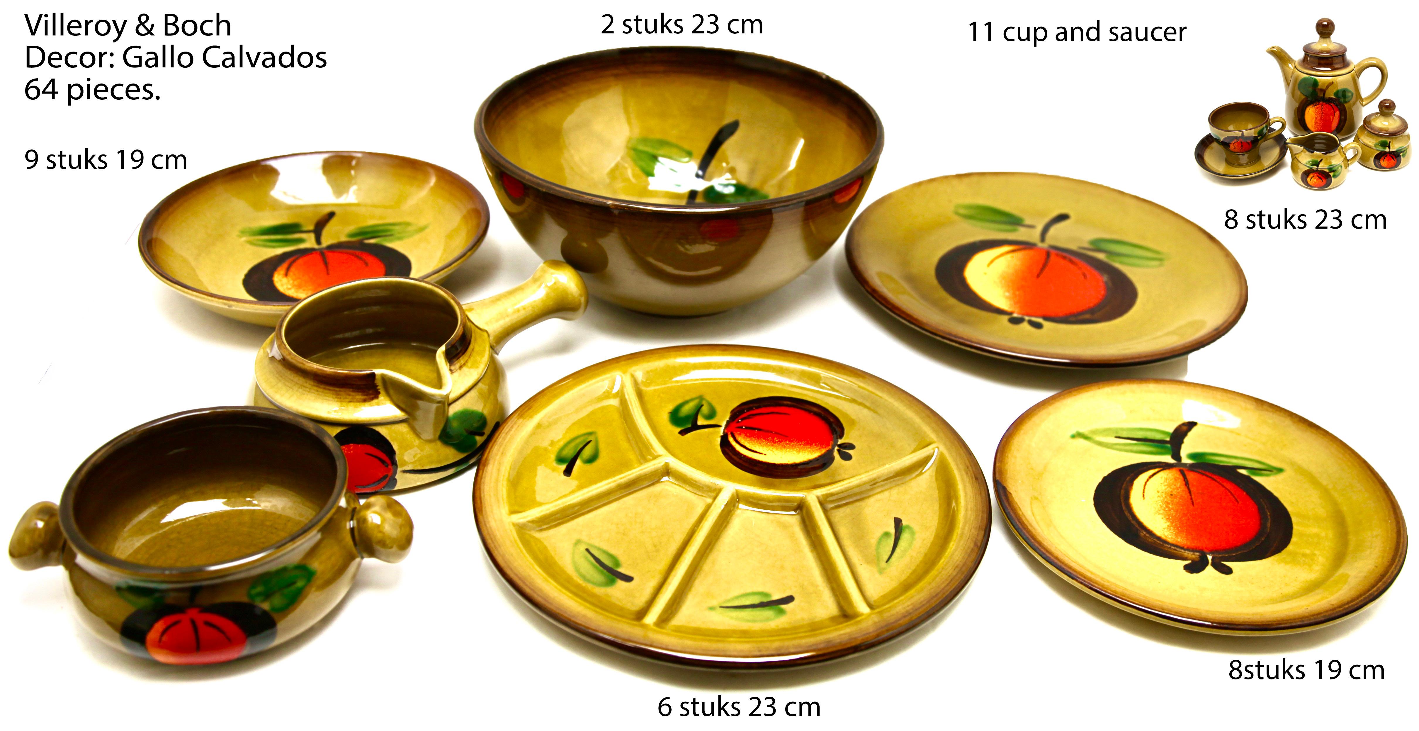 Villeroy & Boch Decor: Gallo Calvados 61 pieces

11 Coffee Cup with Saucer 
1 Coffee Pot with Lid hieght 20 cm
1 Milk Jug
1 Sugar Bowl with Lid
1 Soup tureen with lid
9 Dessert/Salad /soup Plates 19 cm
8 Plates 23 cm
8 plates 19 cm
2 Big