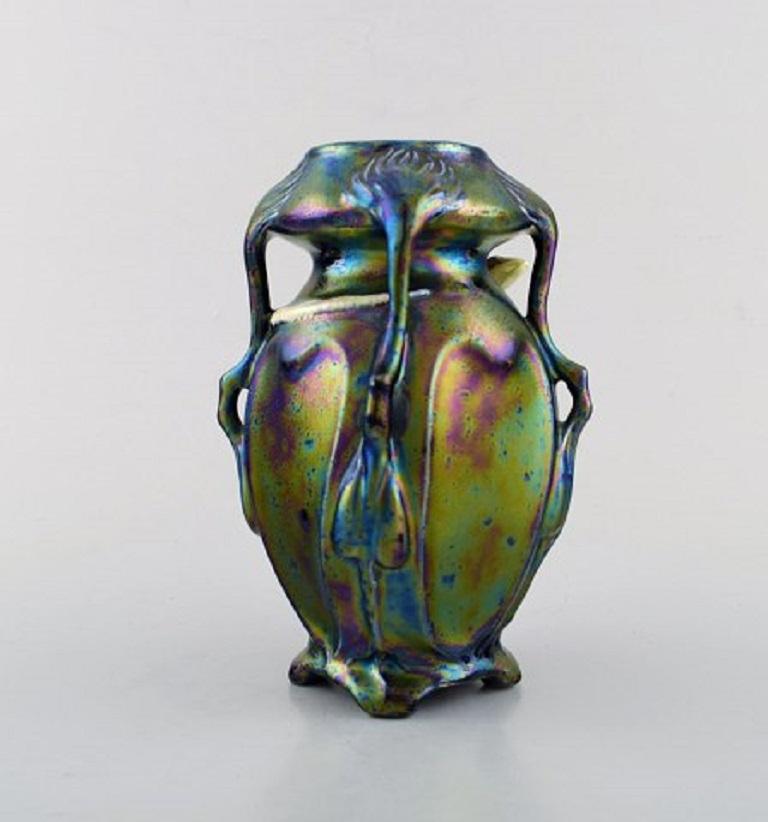 Hungarian Vilmos Zsolnay for Zsolnay, Rare Art Nouveau Vase on Feet in Eozin Glaze