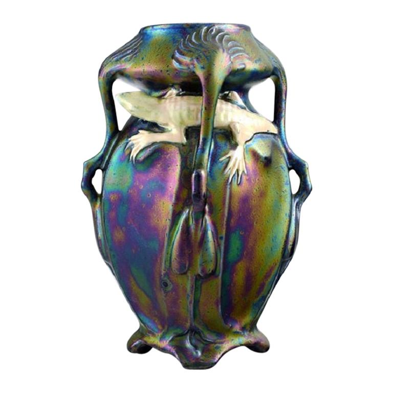 Vilmos Zsolnay for Zsolnay, Rare Art Nouveau Vase on Feet in Eozin Glaze