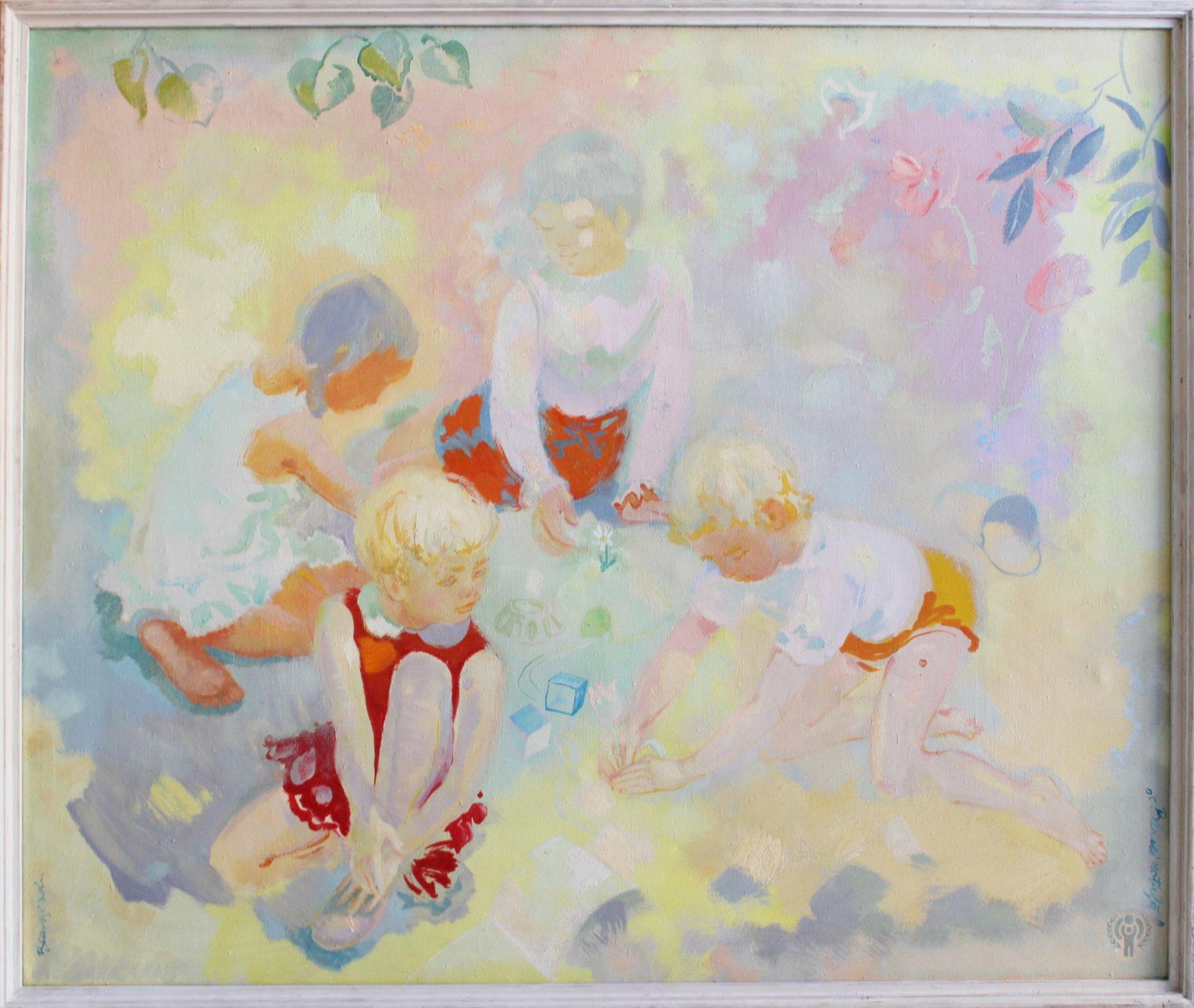 Kinder beim Spielen, Öl/Leinwand, 108x128 cm – Painting von Vilnis Sausserdis