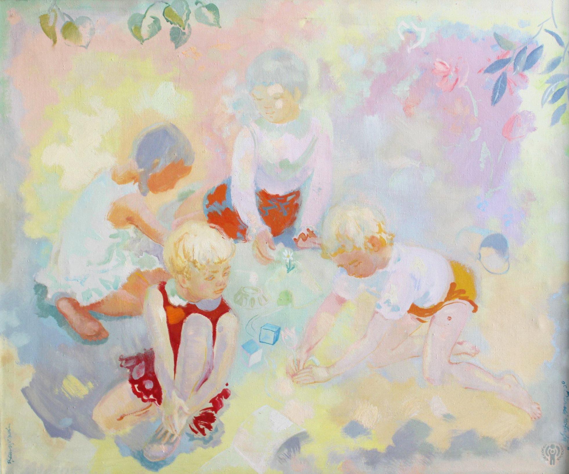 Vilnis Sausserdis Figurative Painting – Kinder beim Spielen, Öl/Leinwand, 108x128 cm
