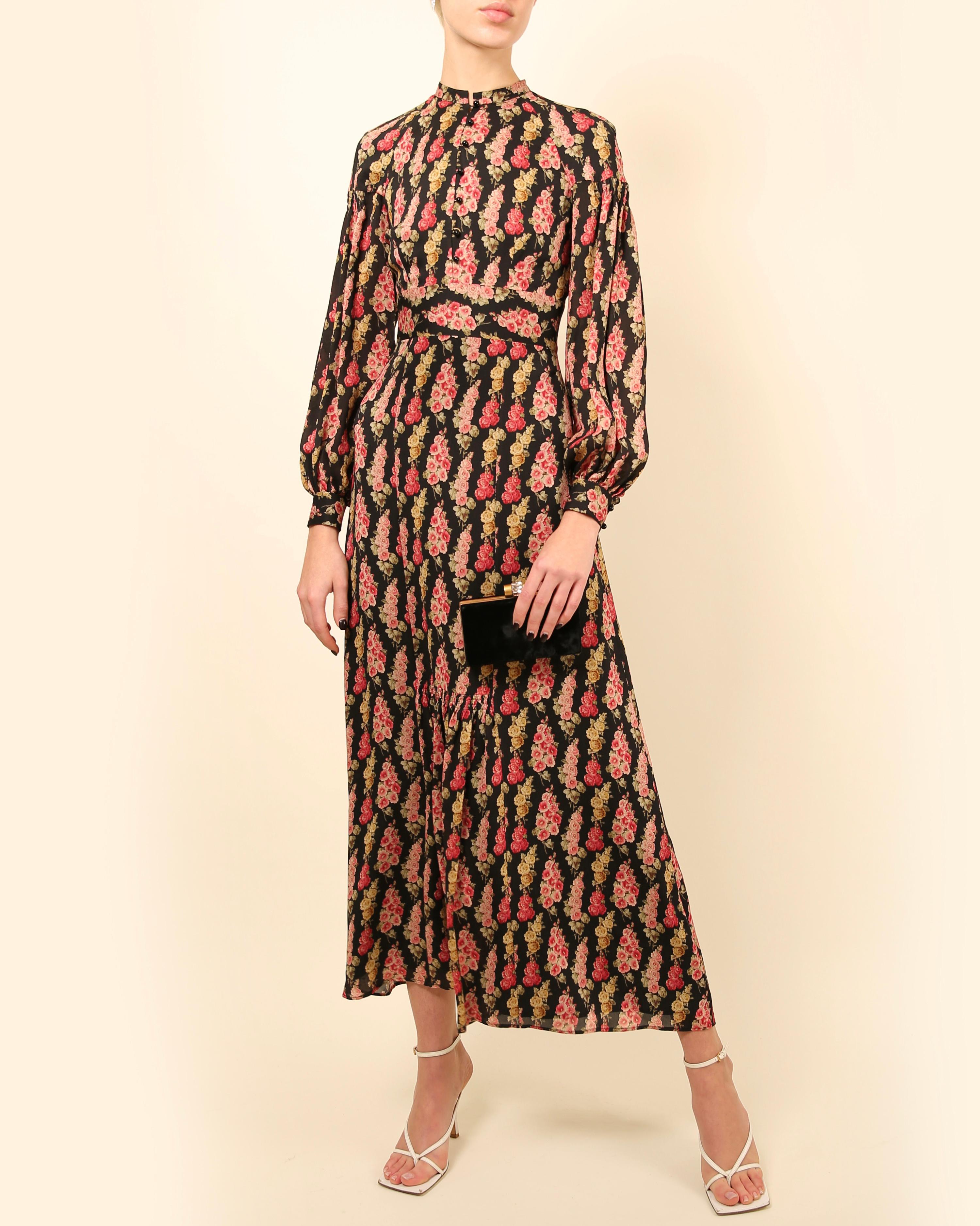 Vilshenko - Robe longue en soie à manches bouffantes et encolure dégagée, imprimé floral rose et noir XS - S en vente 6