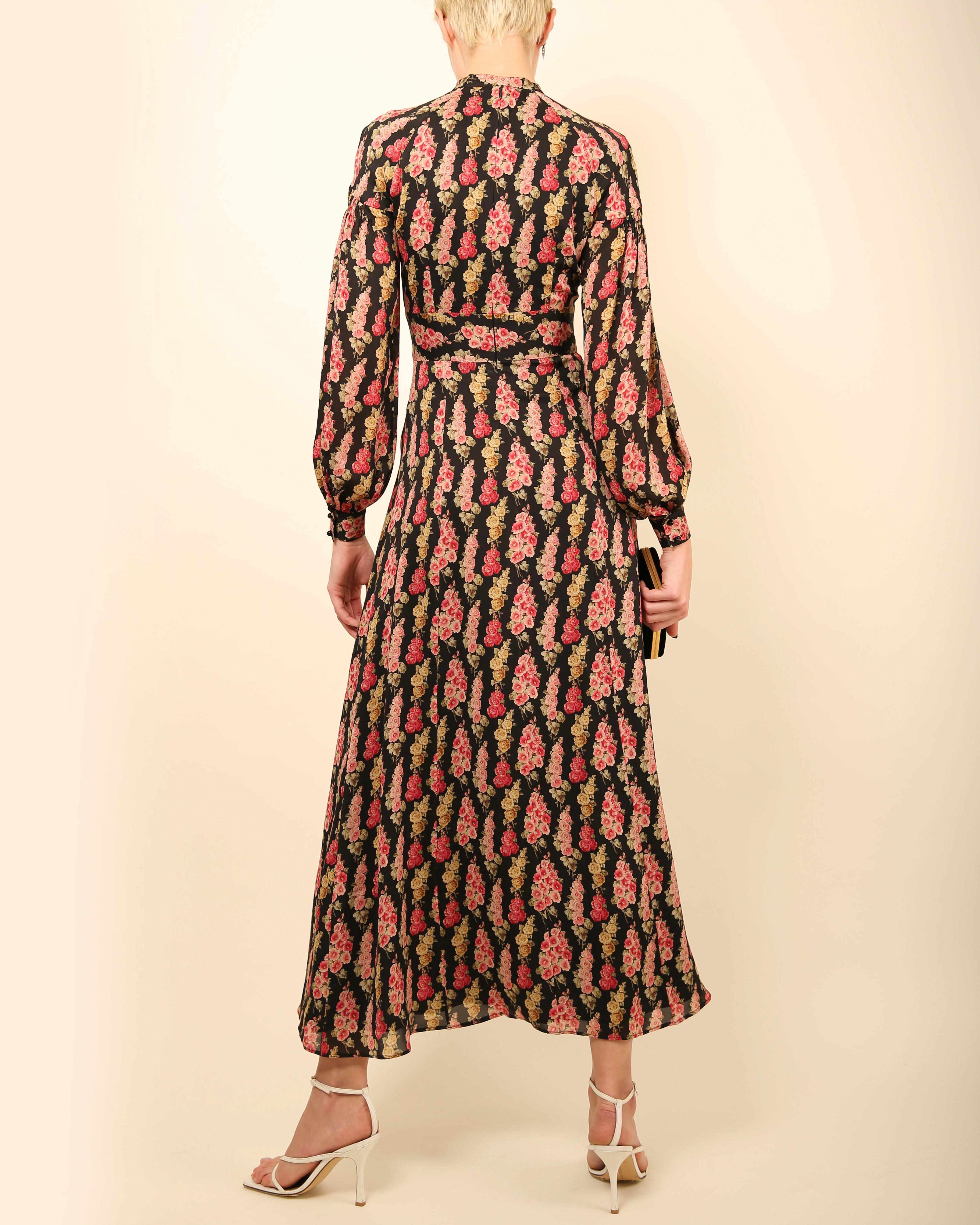 Vilshenko - Robe longue en soie à manches bouffantes et encolure dégagée, imprimé floral rose et noir XS - S en vente 8