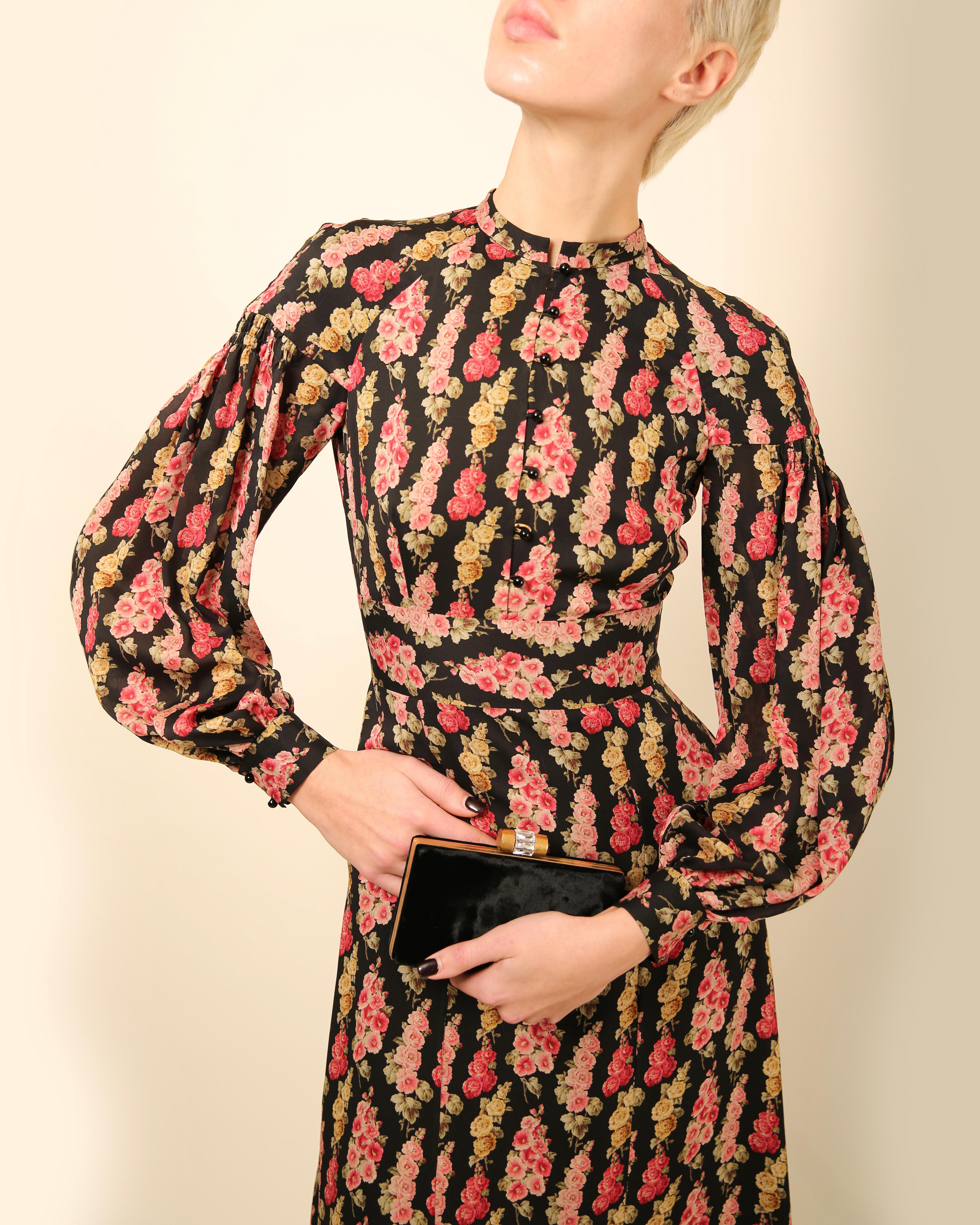 Vilshenko black pink floral print silk puff sleeve mock neck maxi dress XS - S For Sale 7