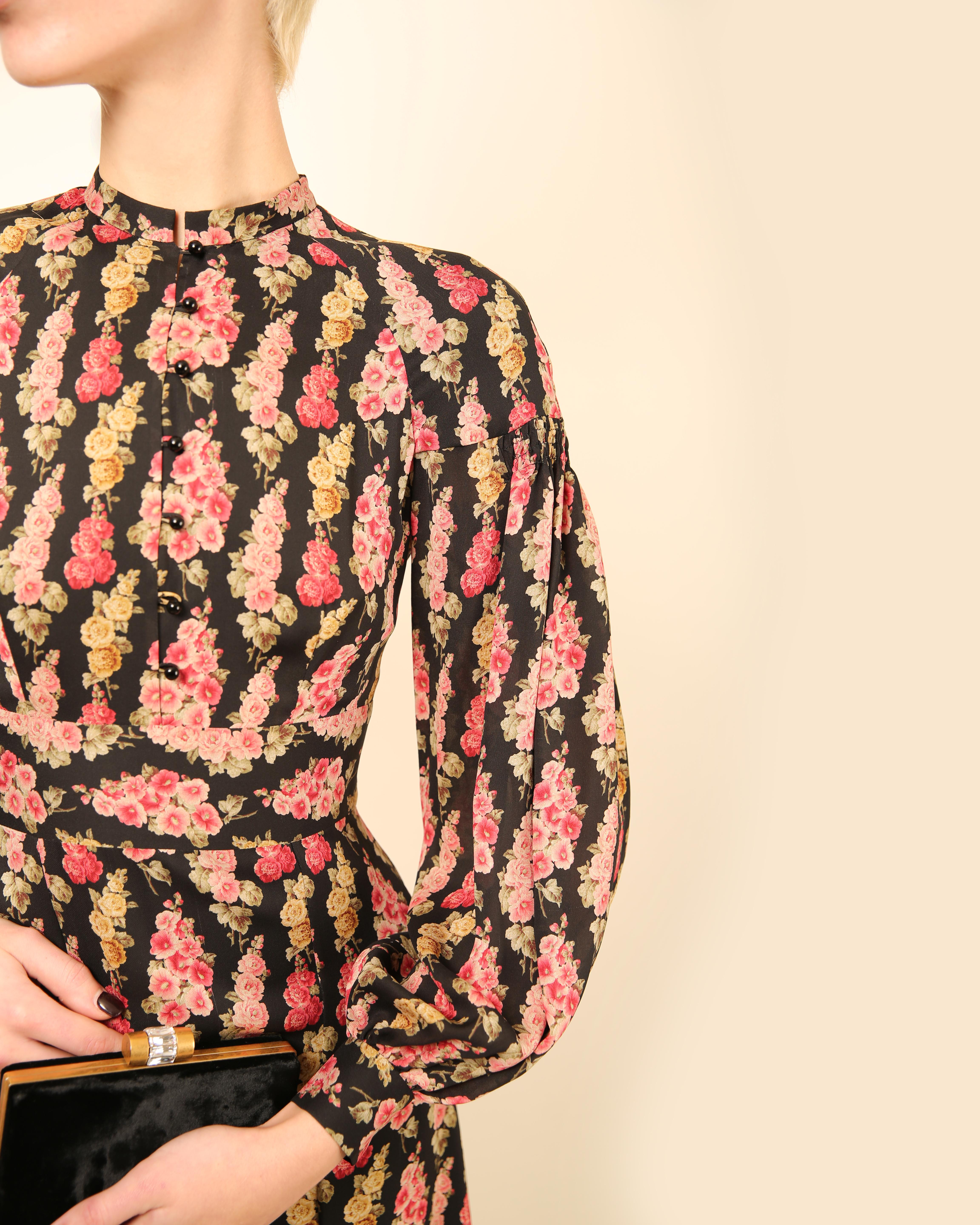 Vilshenko black pink floral print silk puff sleeve mock neck maxi dress XS - S For Sale 8