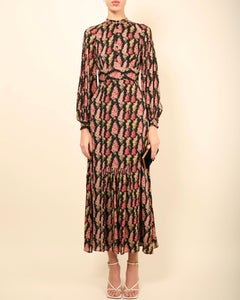 Vilshenko negro rosa estampado floral seda manga abullonada cuello falso maxi vestido XS - S