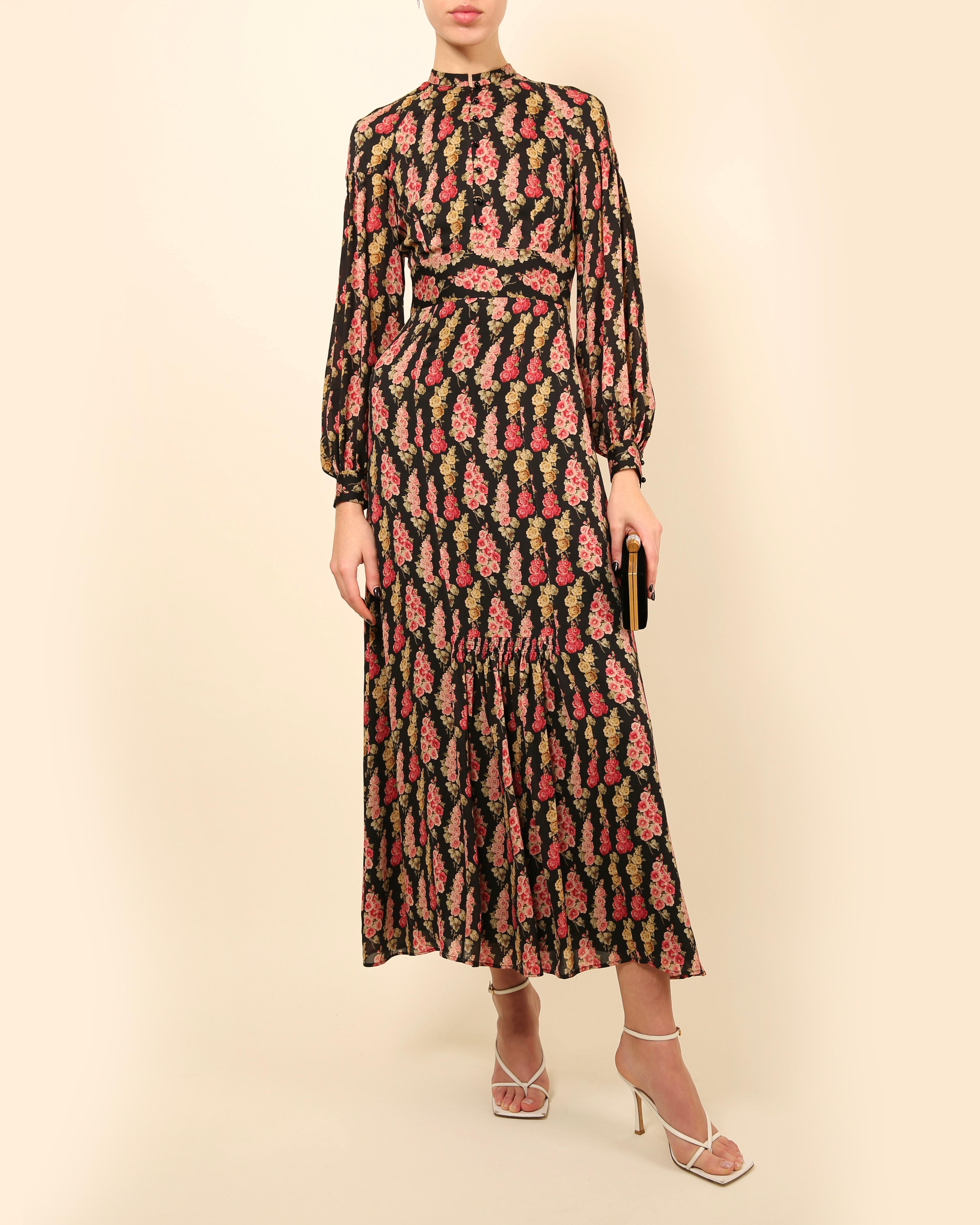 Vilshenko - Robe longue en soie à manches bouffantes et encolure dégagée, imprimé floral rose et noir XS - S Pour femmes en vente