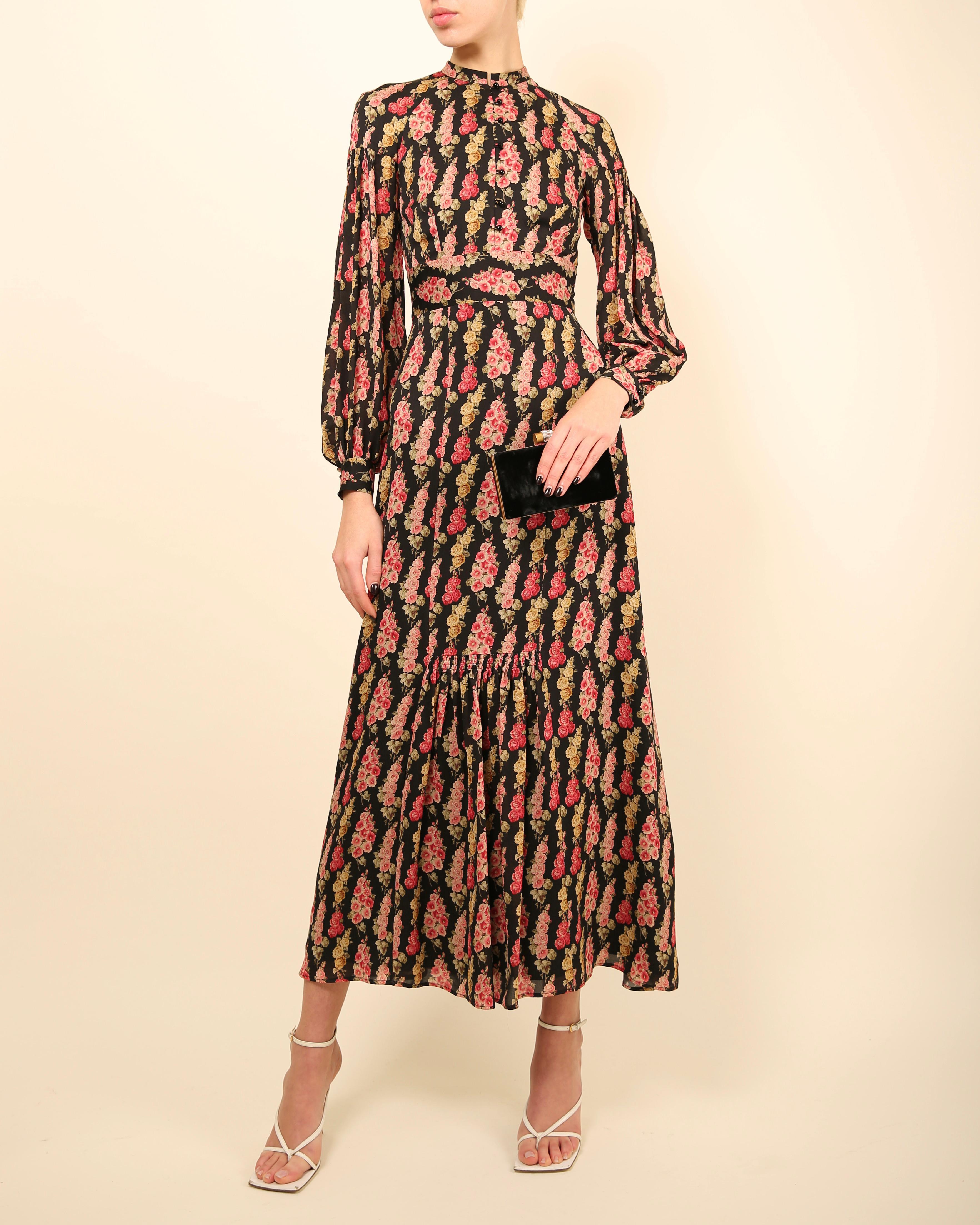 Vilshenko black pink floral print silk puff sleeve mock neck maxi dress XS - S In Excellent Condition For Sale In Paris, FR