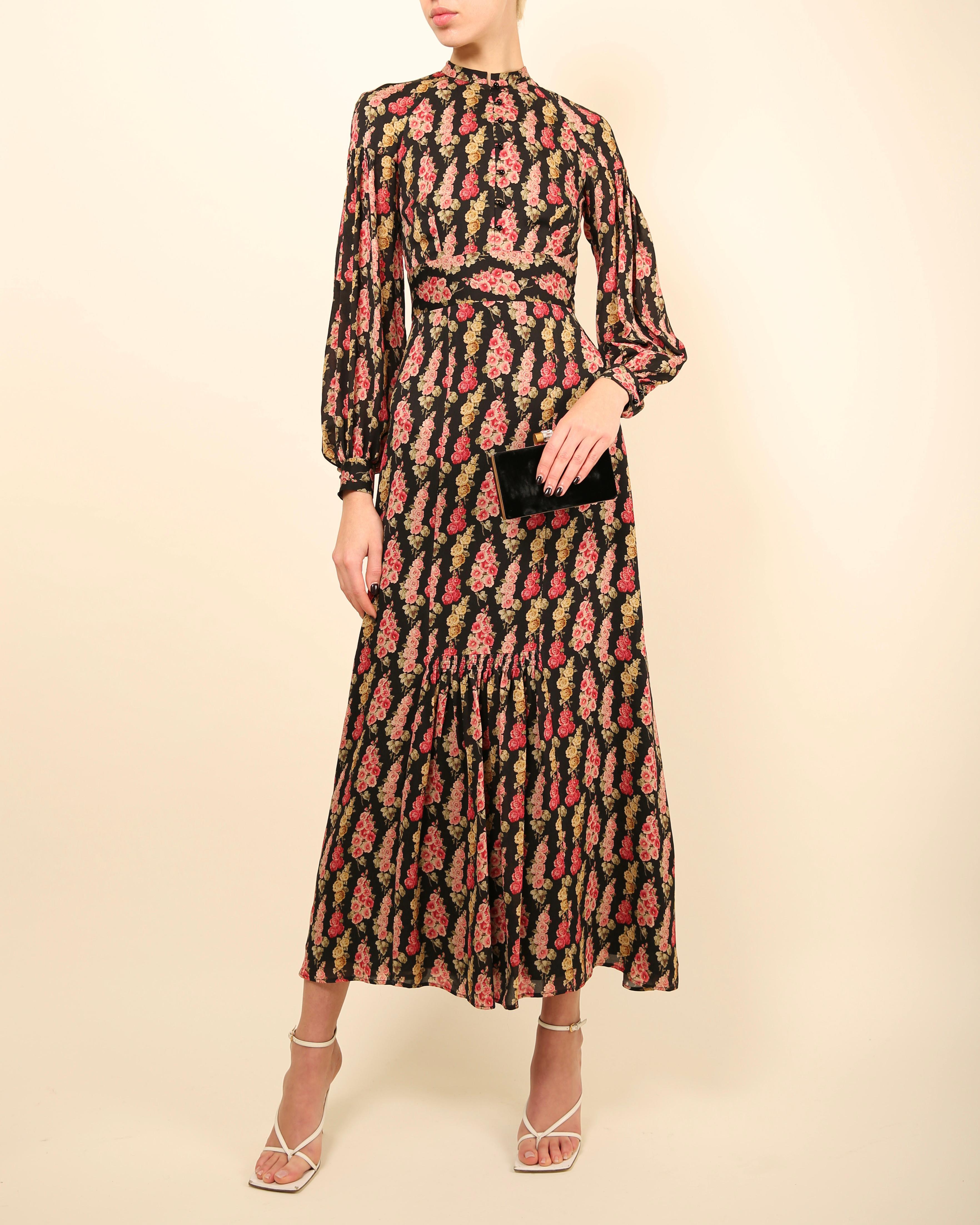 Vilshenko negro rosa estampado floral seda manga abullonada cuello falso maxi vestido XS - S en venta 1