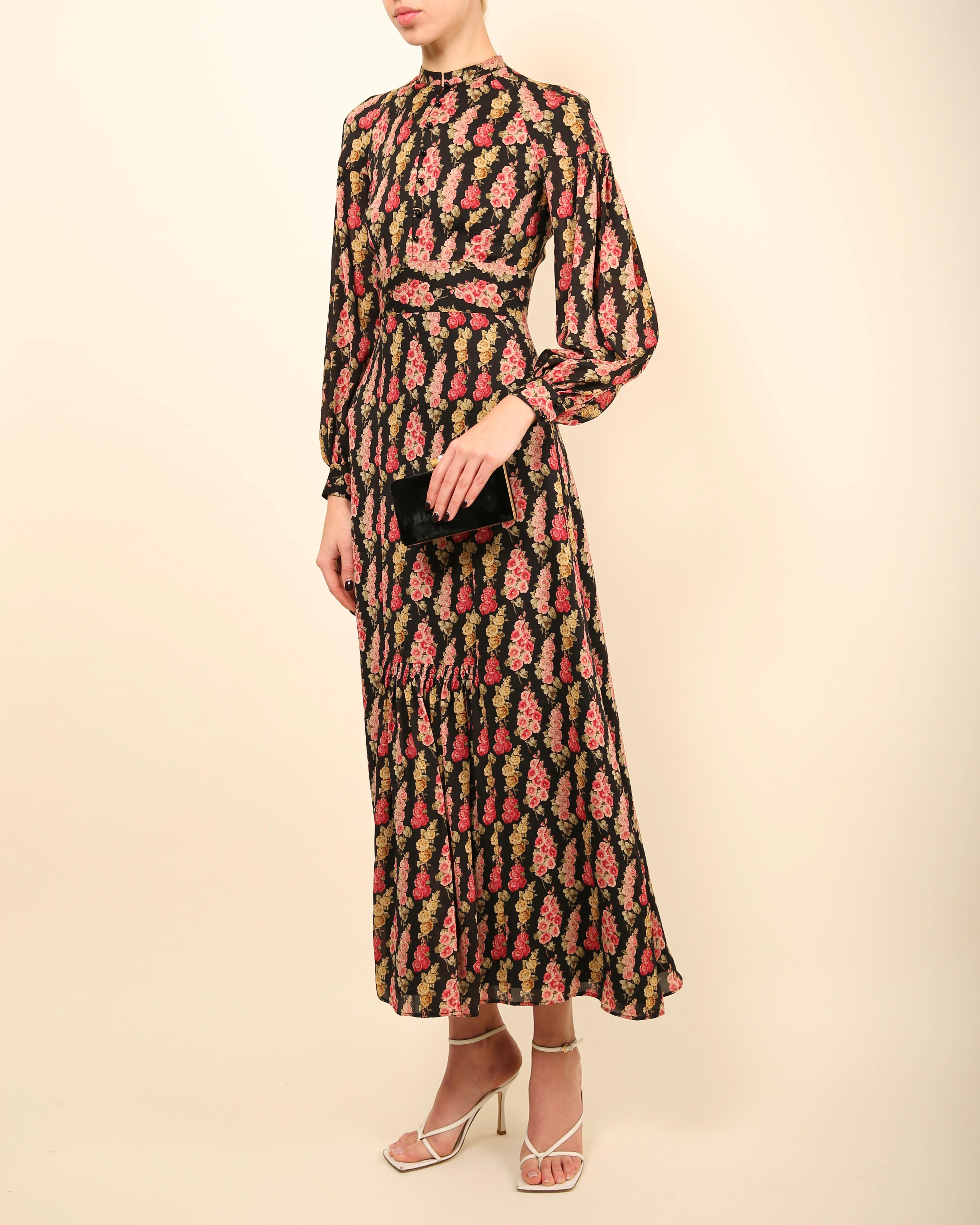 Vilshenko - Robe longue en soie à manches bouffantes et encolure dégagée, imprimé floral rose et noir XS - S en vente 2