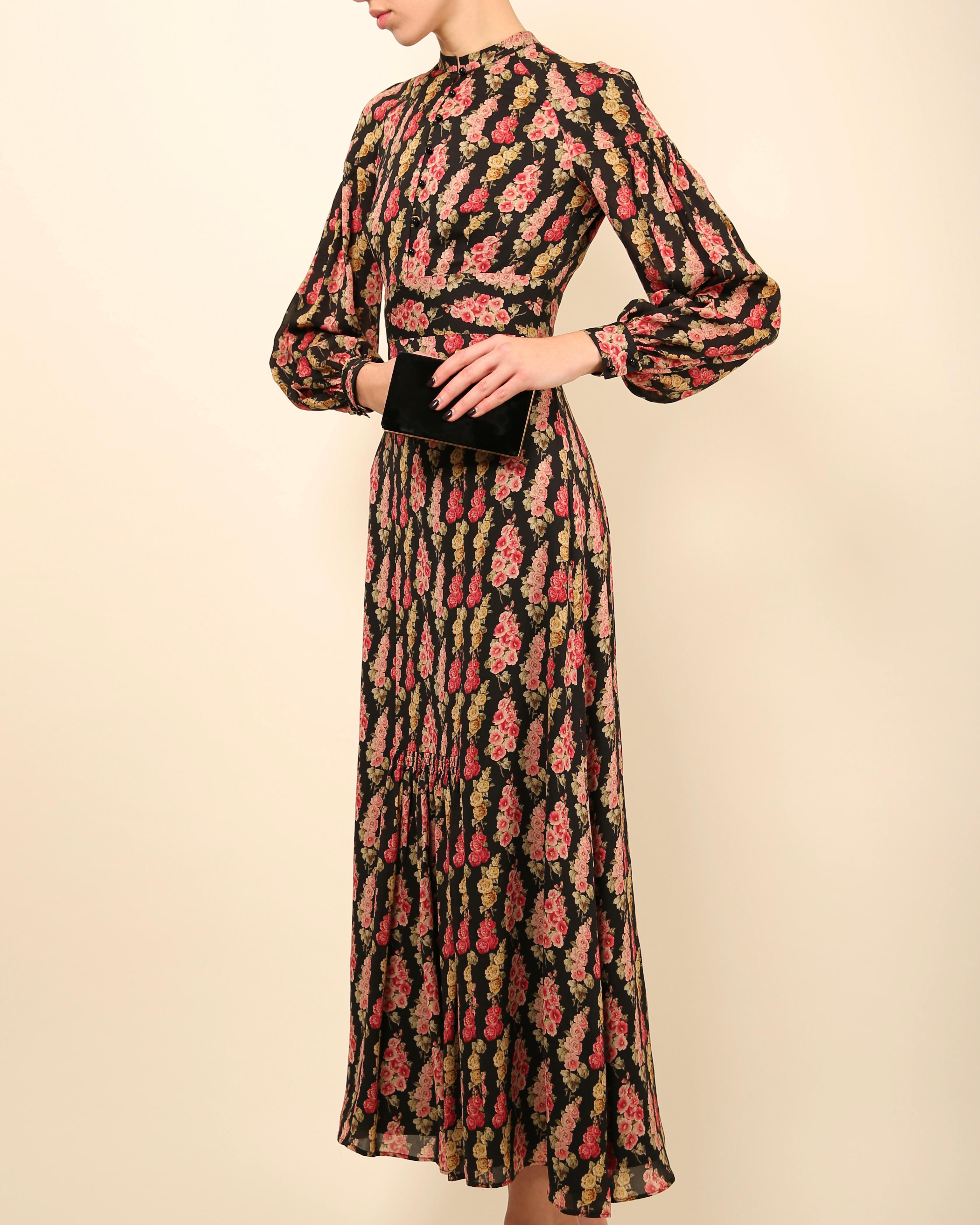 Vilshenko black pink floral print silk puff sleeve mock neck maxi dress XS - S For Sale 1
