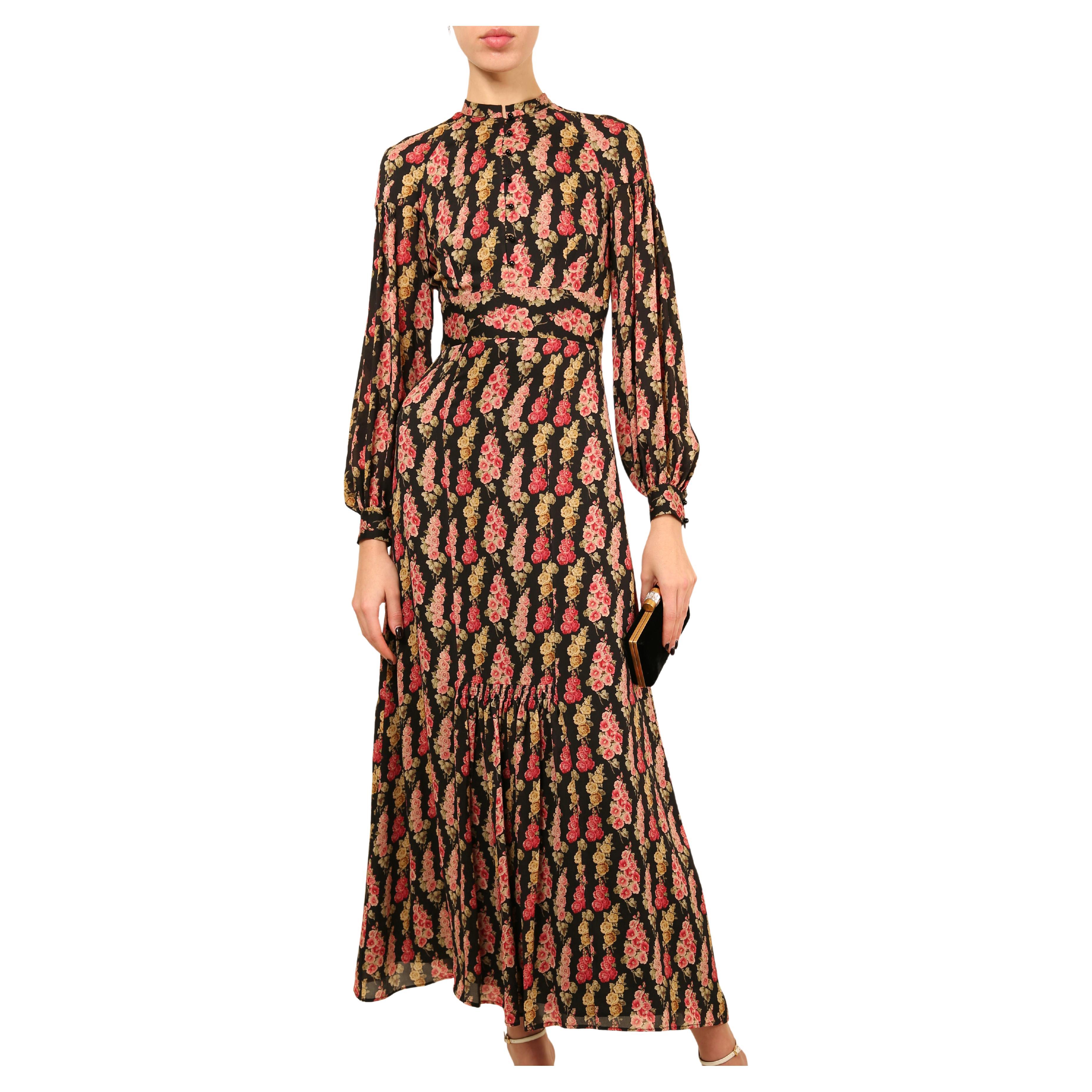Vilshenko - Robe longue en soie à manches bouffantes et encolure dégagée, imprimé floral rose et noir XS - S en vente