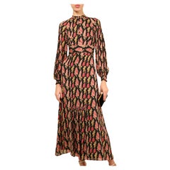 Vilshenko - Robe longue en soie à manches bouffantes et encolure dégagée, imprimé floral rose et noir XS - S