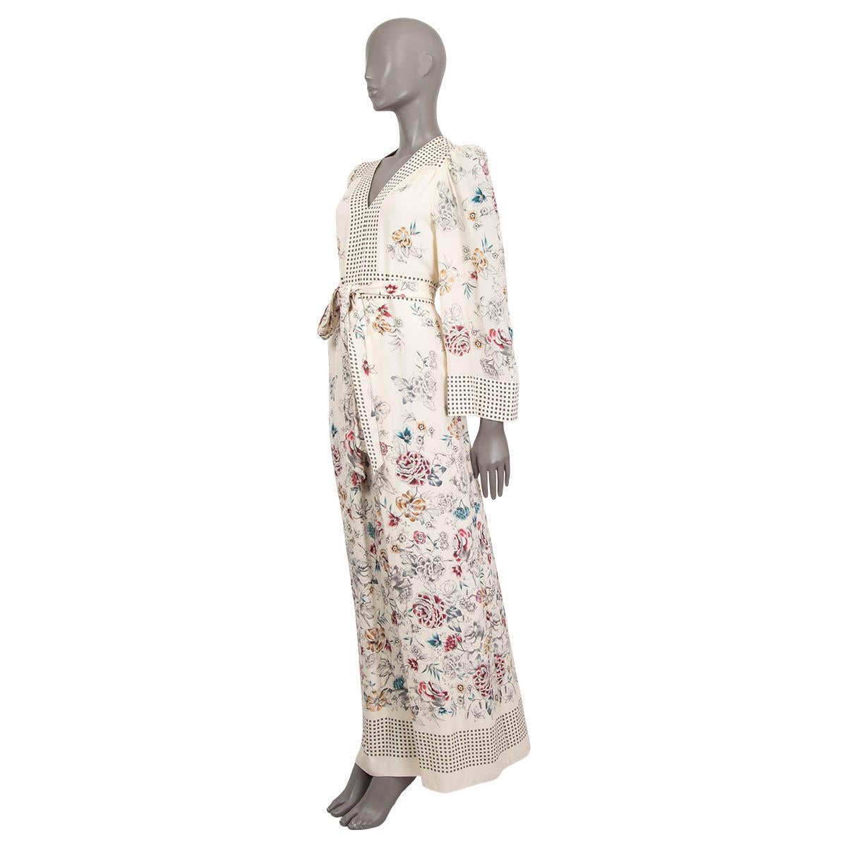 100% authentic Vilshenko Resort 2017 belted maxi dress in ivory, gray, pink, mustard and turqouise silk (100%). Features a v-neck, a floral print and long flared sleeves. Lined in white silk (100%). Has been worn and is in excellent