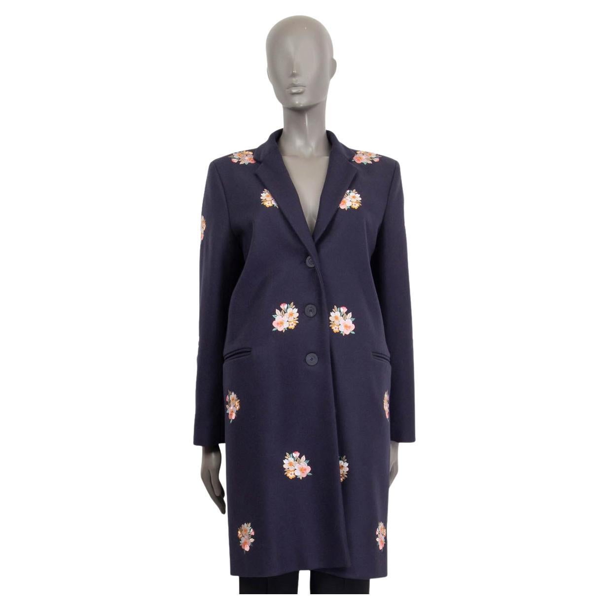 VILSHENKO midnight blue wool FLORAL EMBROIDERED Coat Jacket 10 M For Sale