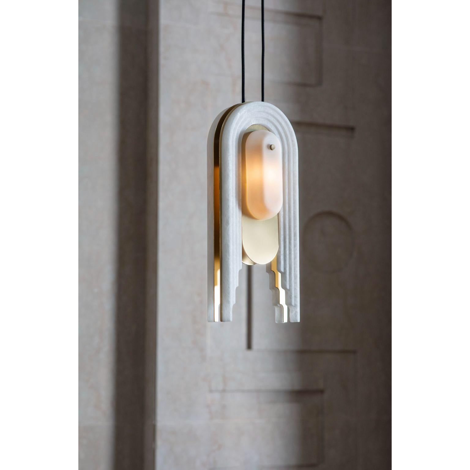 Vima small pendant light by Bert Frank
Dimensions: D17.6 x W9.3 x H39.3 cm
Materials: Brass, Alabaster, Glass
WEIGHT:5.5kg net, 6.5kg gross
FINISHES: Brushed brass lacquered as standard, Alabaster facade
IP RATING, IP20 rated, suitable for