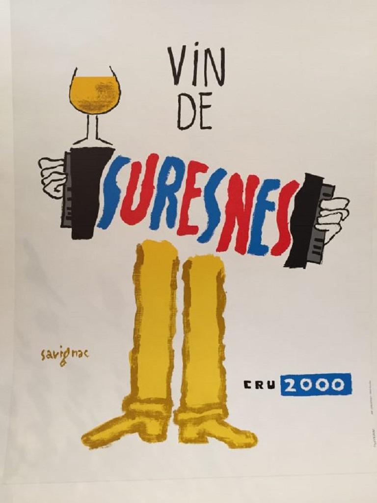 Great poster by Savignac, advertising wine, ‘Vin de Suresnes’, . This is a unique poster in excellent condition.