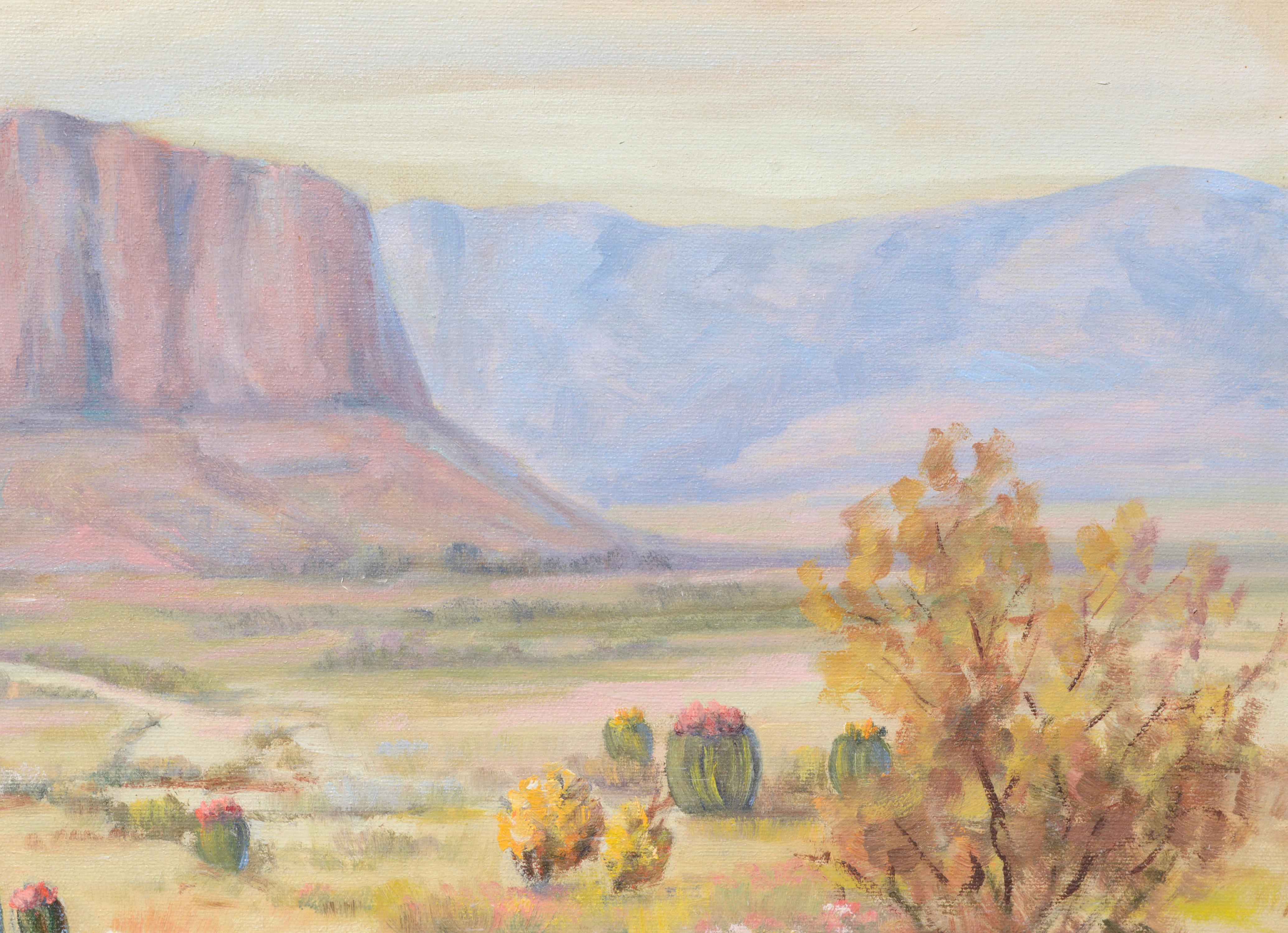 Wüsten Mesa Landschaft mit Kakteen aus der Mitte des Jahrhunderts in Öl auf Leinwand (Beige), Landscape Painting, von Vina McPheeters