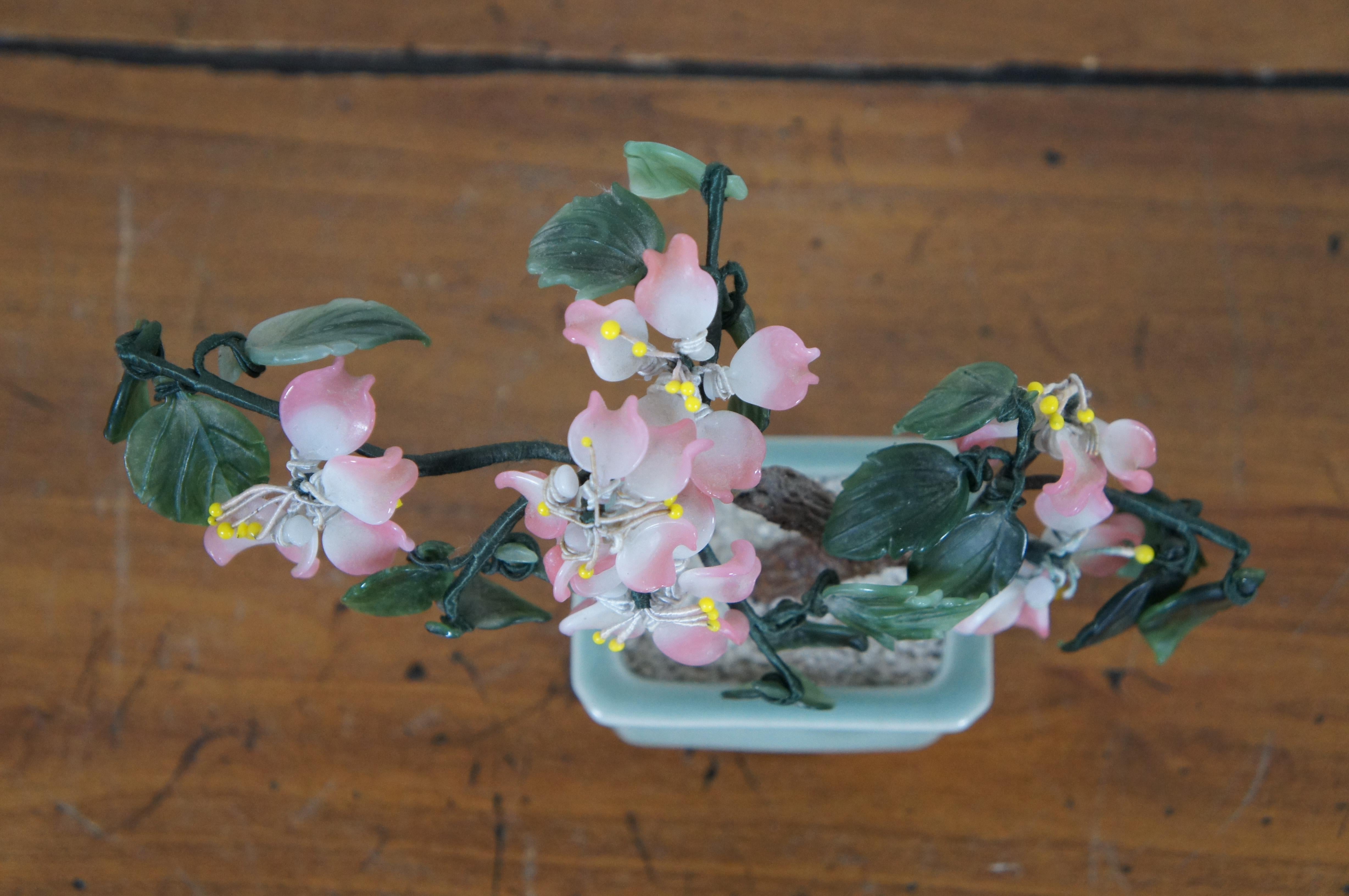 Vinage Chinesischer geschnitzter Quarz Jade Sakura Kirschblütenbaum Bonsai Blumenbaum 8