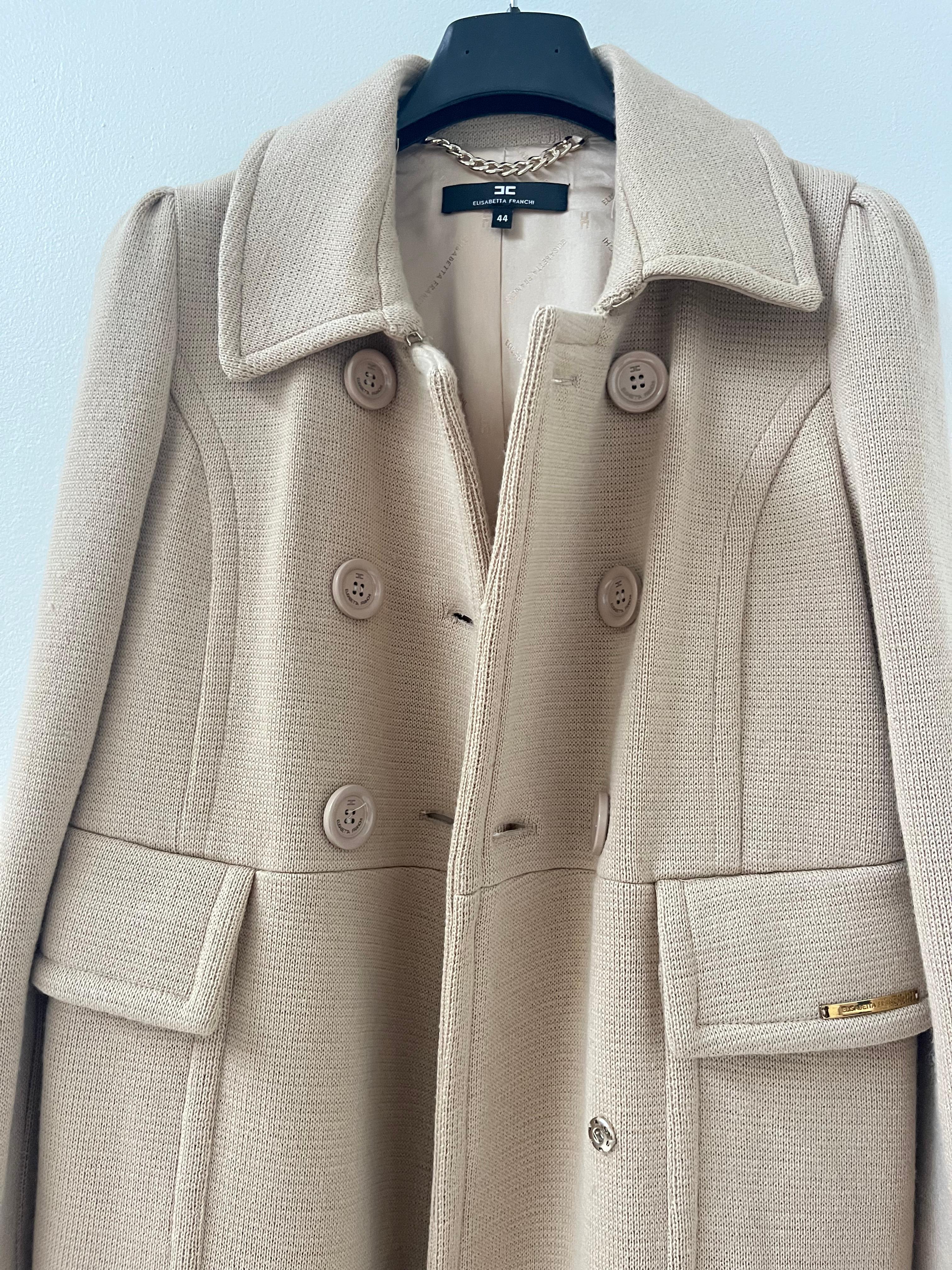Vinatage Elisabetta Franchi Beige Virgin Wool Double-Breasted Coat en vente 6