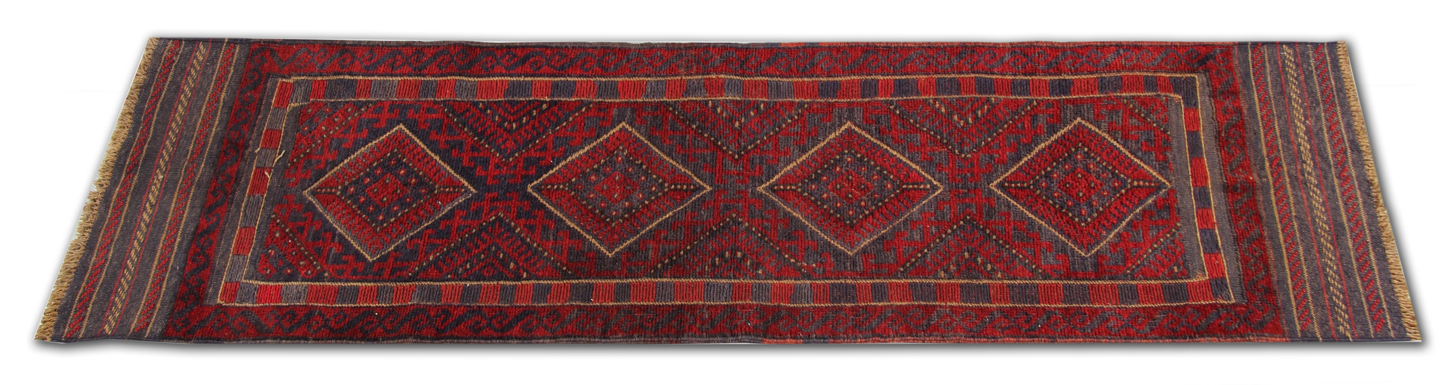 Vintage Oriental Rug Runner Rot Traditionell Kaukasisch Handgefertigt Teppich Läufer (Handgewebt) im Angebot