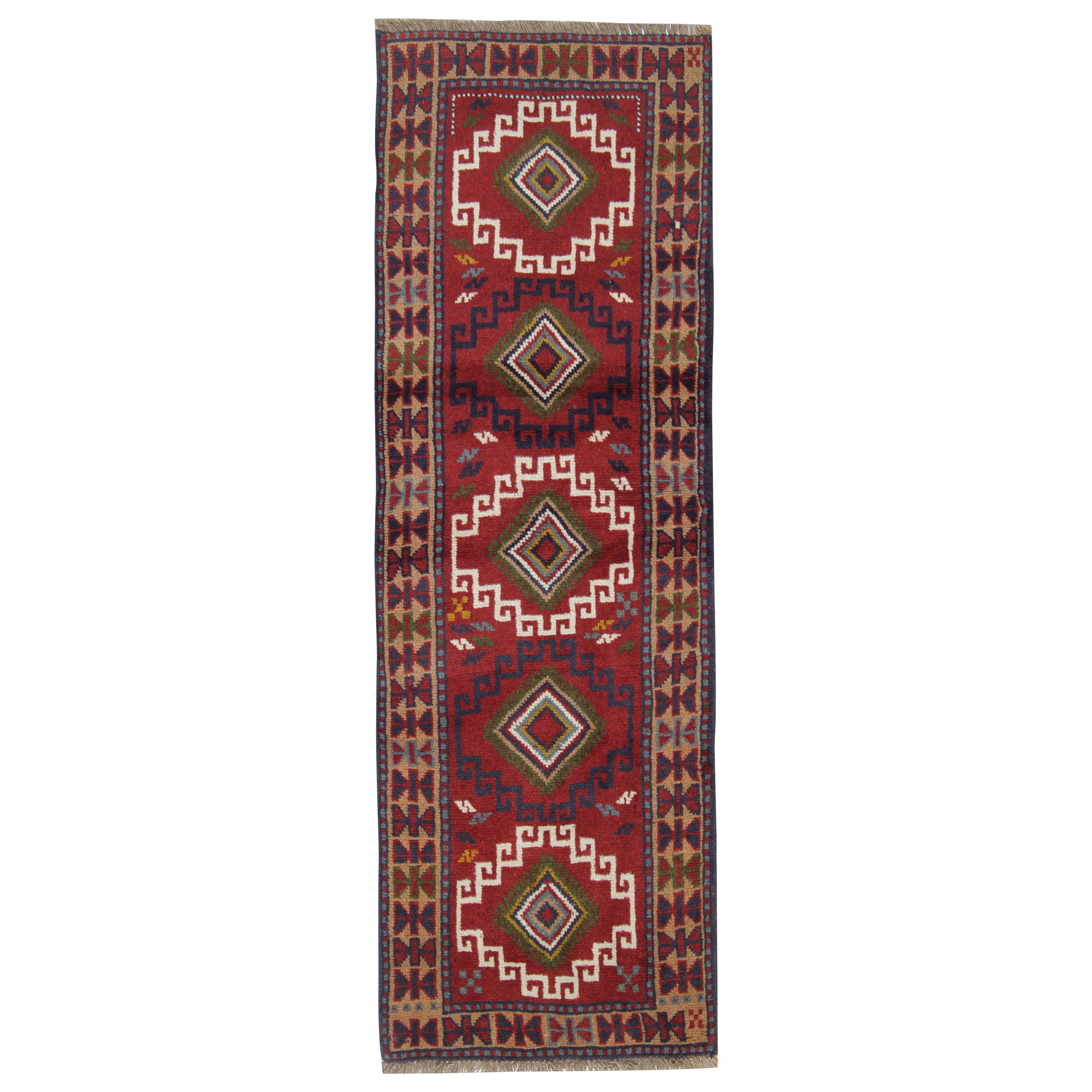 Vintage Oriental Rug Runner Red Traditional Caucasian Handmade Carpet Runners 