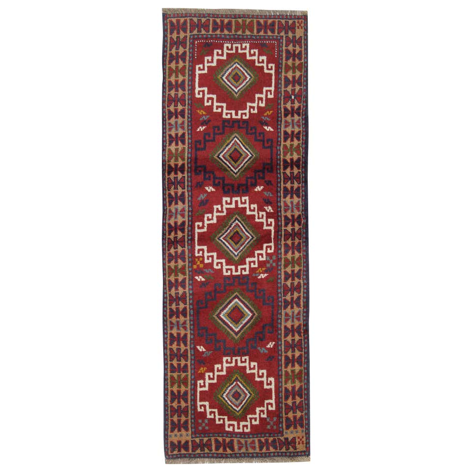 Vintage Oriental Rug Runner Red Traditional Caucasian Handmade Carpet ...