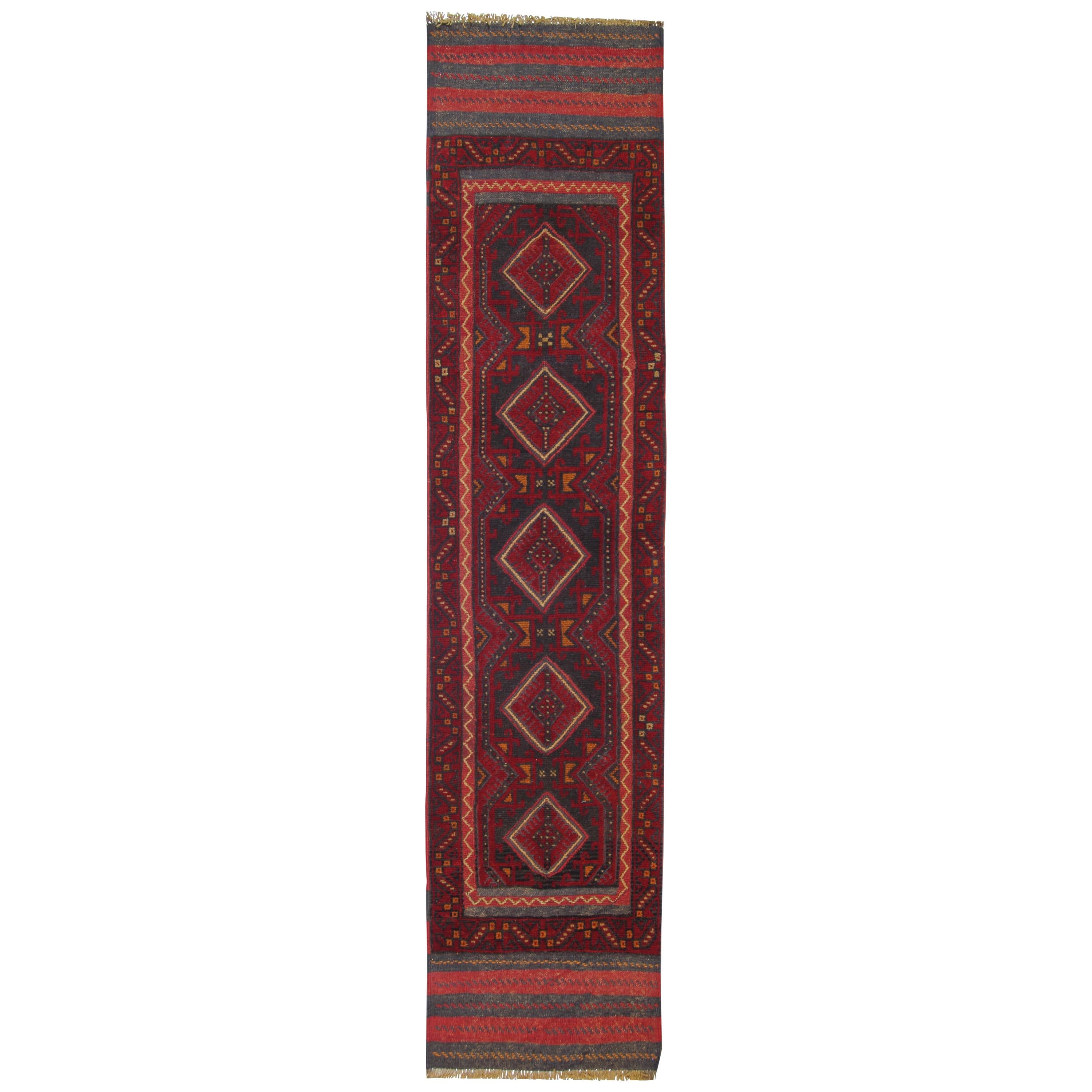 Vintage Oriental Rug Runner Red Traditional Caucasian Handmade Carpet Runners  For Sale