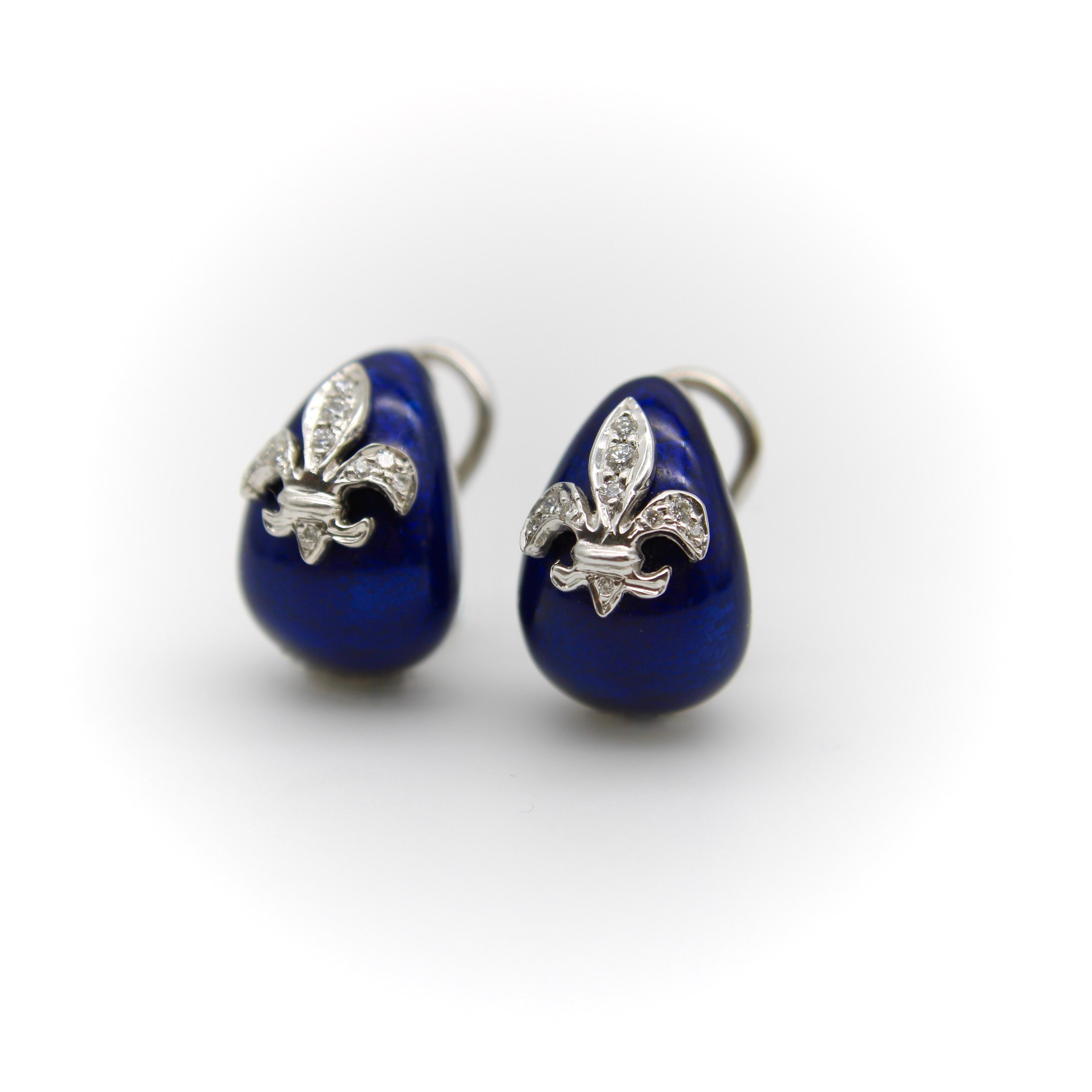 Vinatge 18K Weißgold Hidalgo Emaille Fleur-De-Lis Diamant-Ohrringe (Zeitgenössisch) im Angebot
