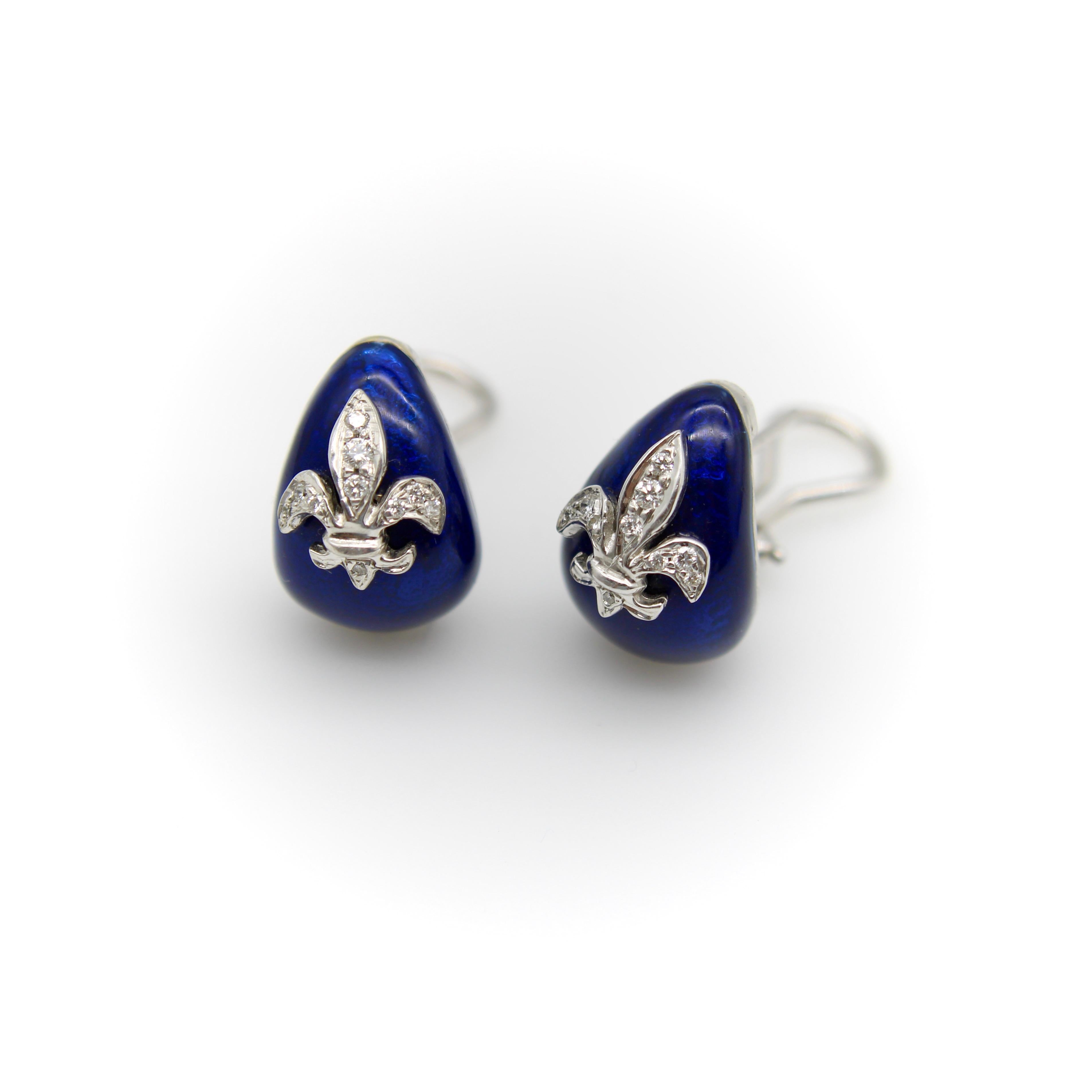 Vinatge 18K Weißgold Hidalgo Emaille Fleur-De-Lis Diamant-Ohrringe im Zustand „Gut“ im Angebot in Venice, CA
