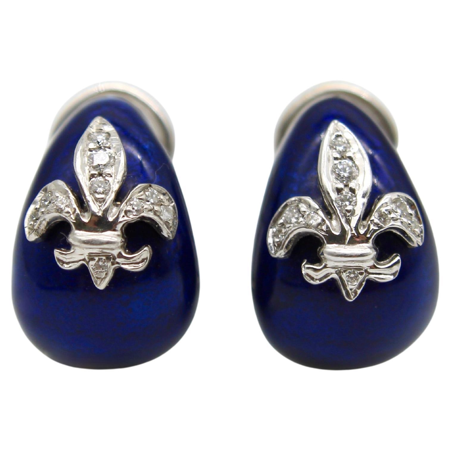 Vinatge 18K Weißgold Hidalgo Emaille Fleur-De-Lis Diamant-Ohrringe im Angebot