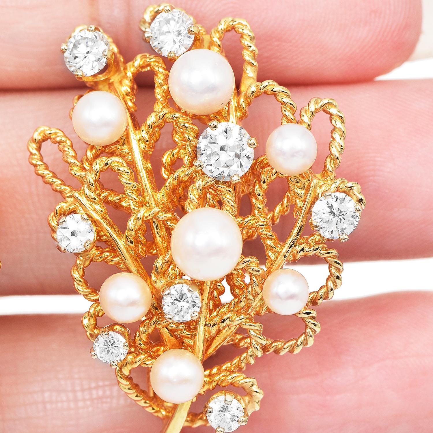 Round Cut Vinatge Akoya Pearl Diamond 22K Gold Rope Flower Bouquet Earrings For Sale