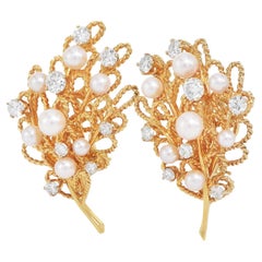 Vinatge Akoya Pearl Diamond 22K Gold Rope Flower Bouquet Earrings