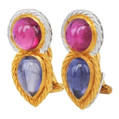 Vinatge Buccellati Rubellite & Iolite 18K Gold Clip On Earrings