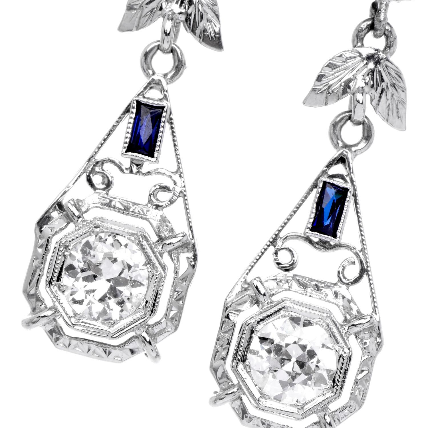 Art Deco Vinatge Deco Diamond Sapphire Platinum Floral Dangle Earrings