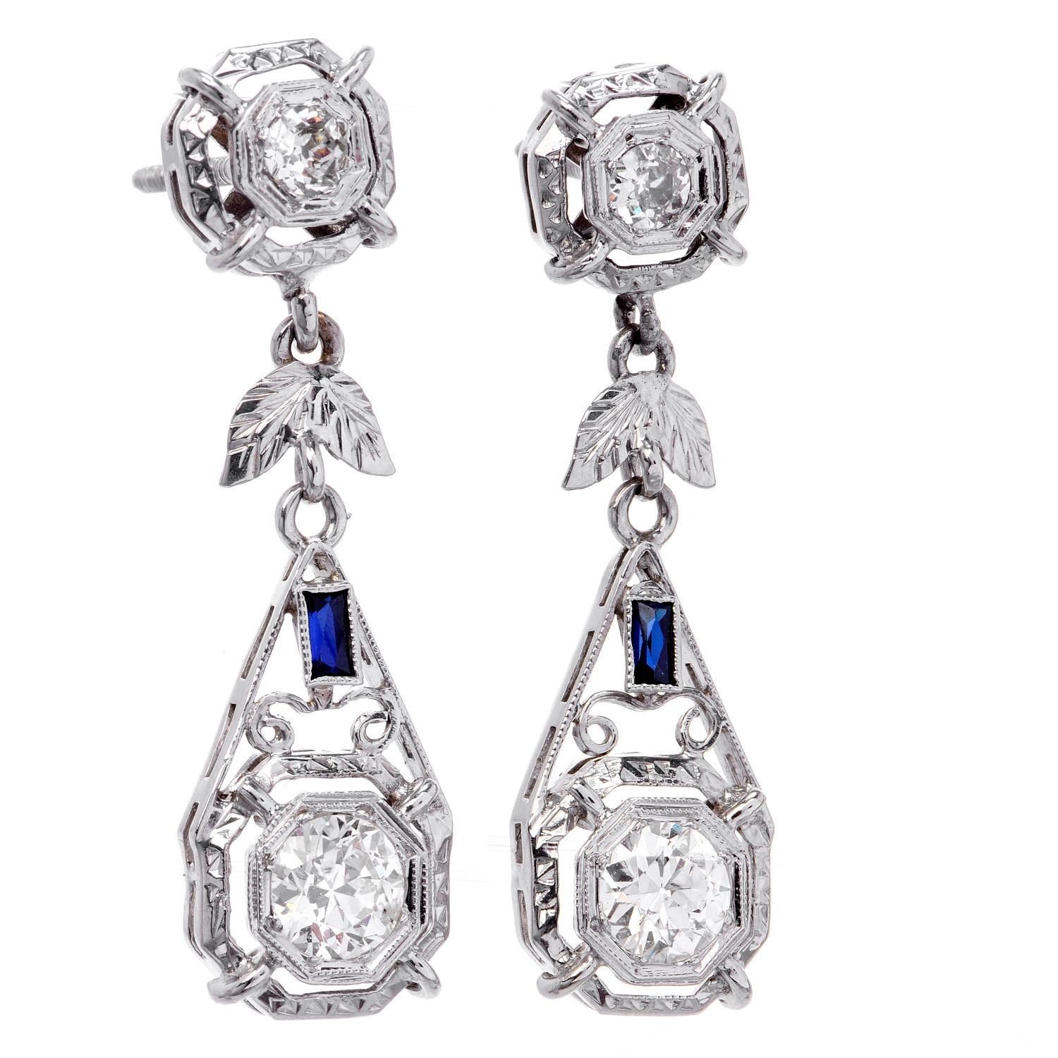 Round Cut Vinatge Deco Diamond Sapphire Platinum Floral Dangle Earrings