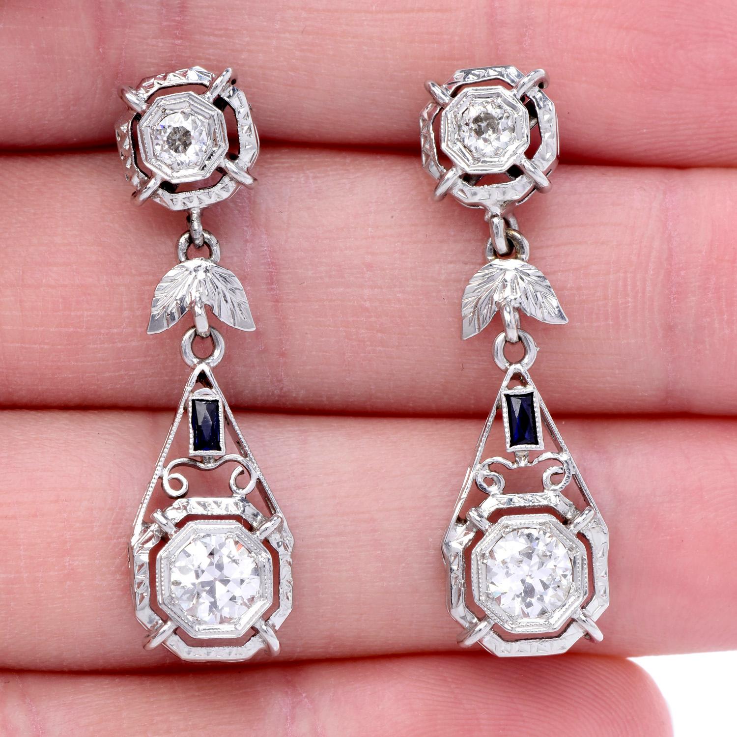 Vinatge Deco Diamond Sapphire Platinum Floral Dangle Earrings In Excellent Condition In Miami, FL