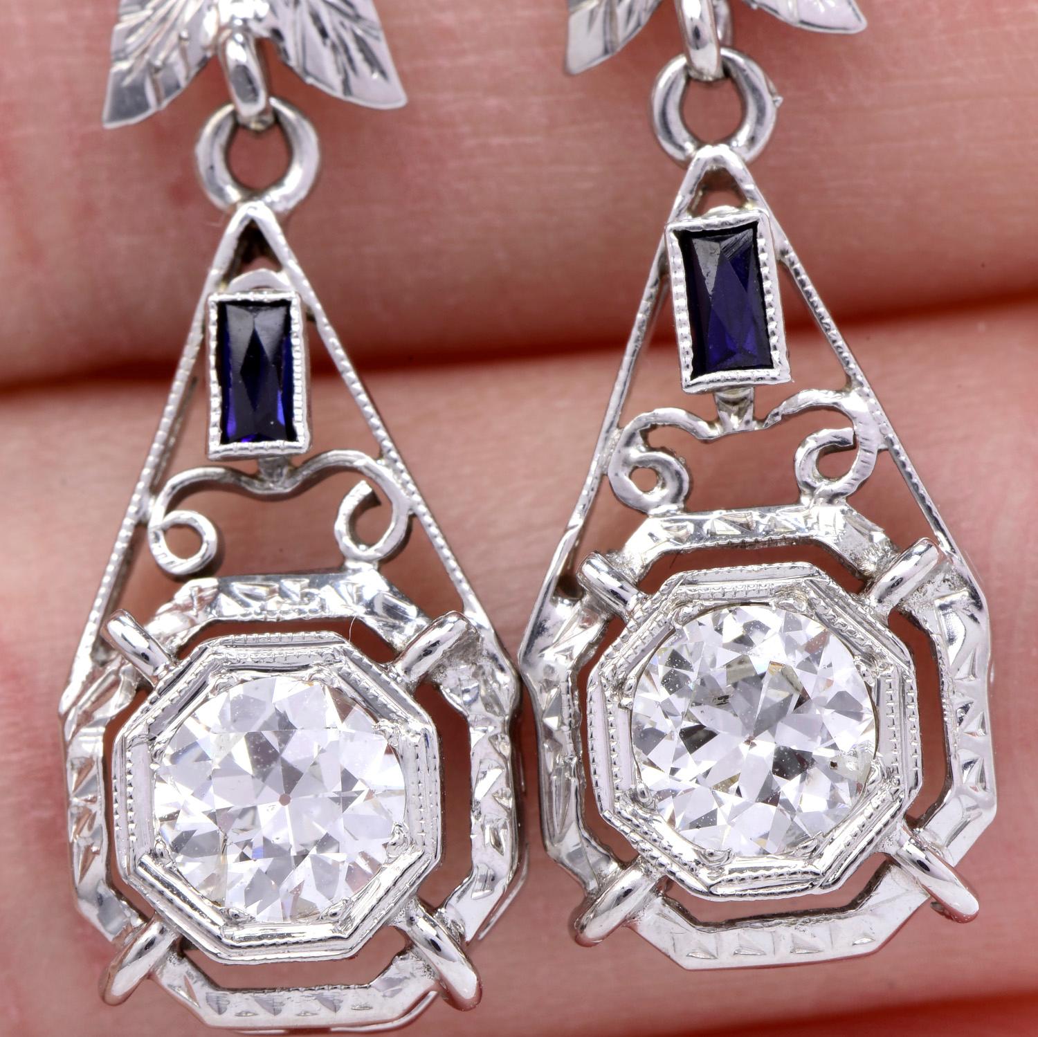 Women's or Men's Vinatge Deco Diamond Sapphire Platinum Floral Dangle Earrings
